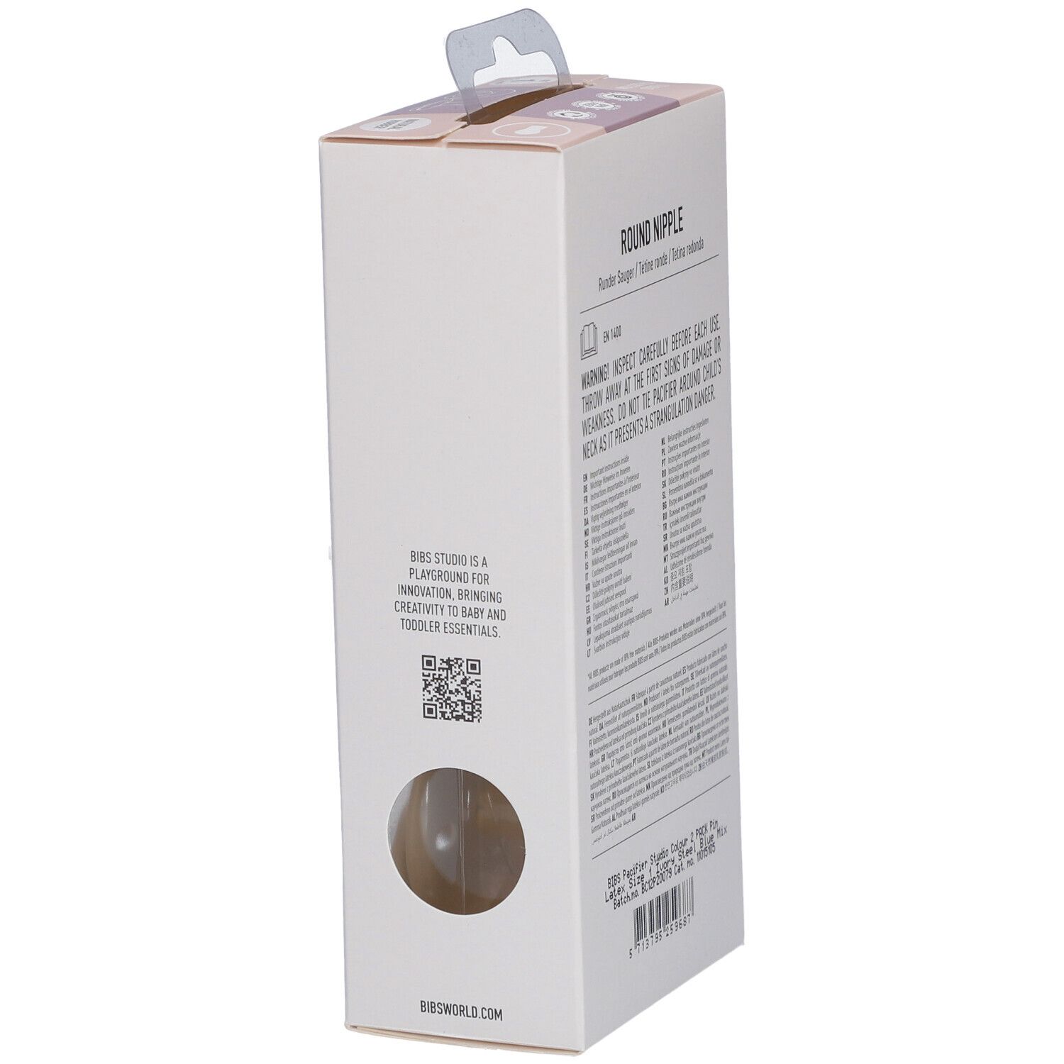 Seite der BIBS STUDIO Colour Schnuller-Verpackung. Informationen zum runden Sauger. QR-Code. Hergestellt in Dänemark.