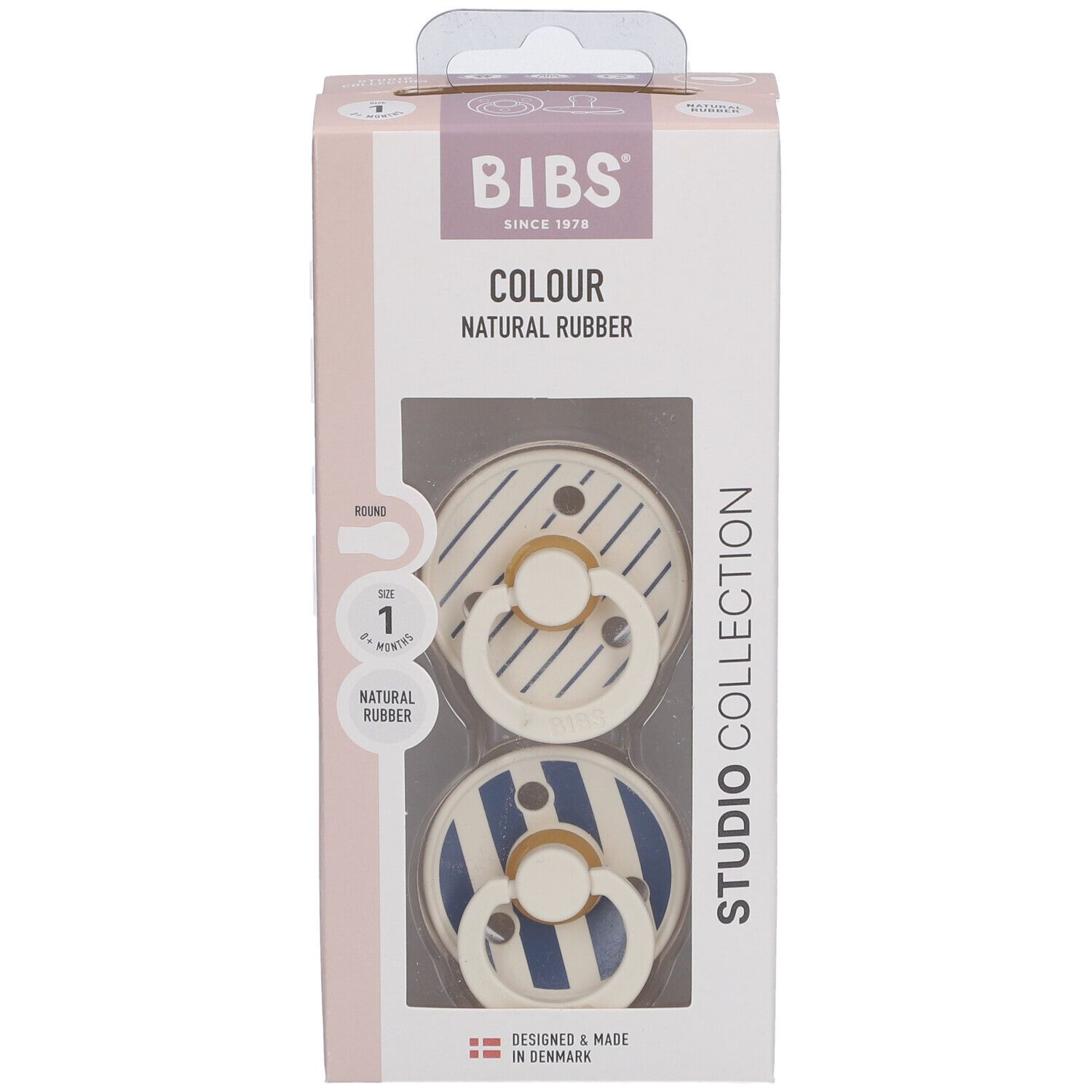 BIBS STUDIO Colour 2er Pack Schnuller. Elfenbein/Stahlblau. Naturgummi. Größe 1. Verpackung mit zwei Schnullern.