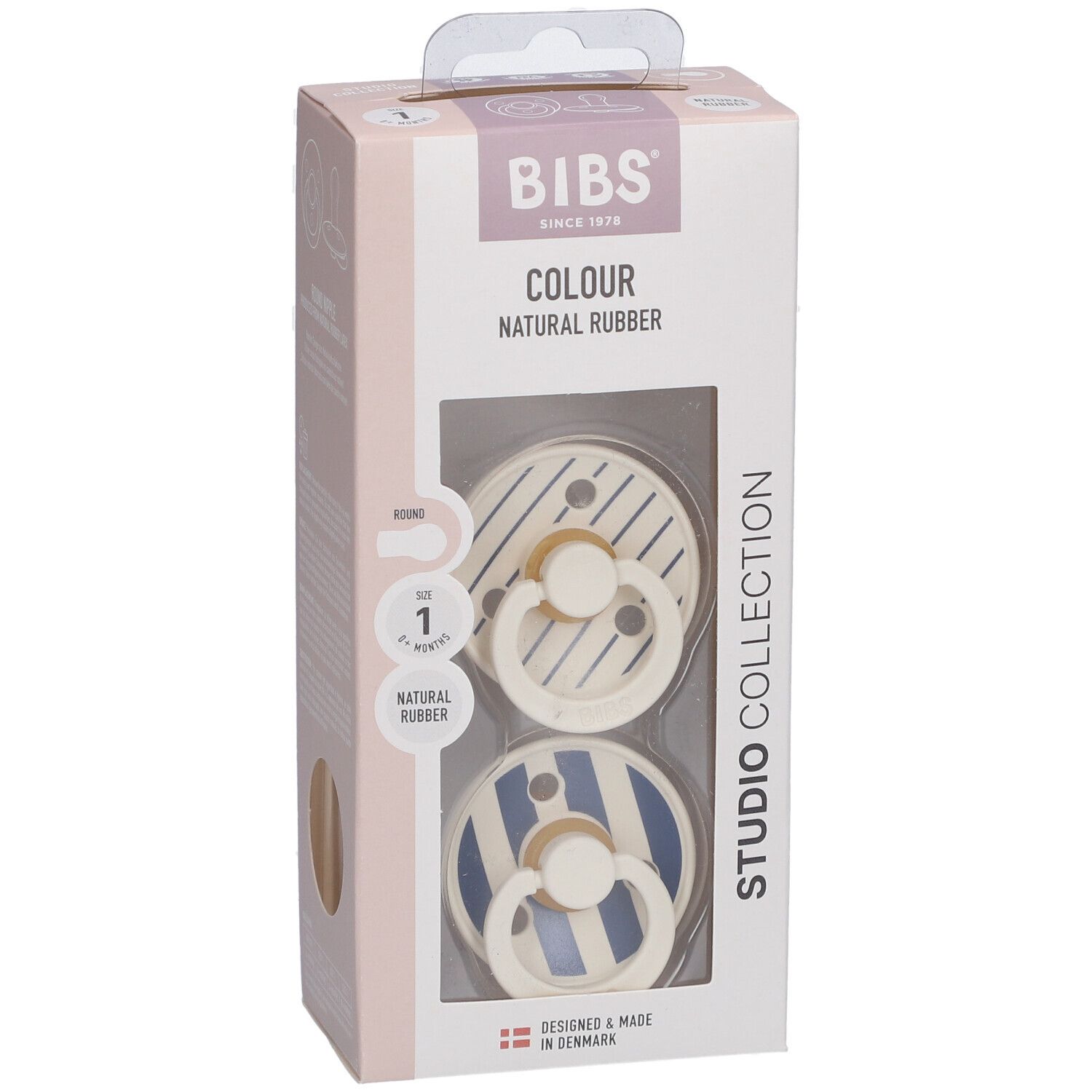 BIBS STUDIO Colour 2er Pack Schnuller. Elfenbein/Stahlblau. Naturgummi. Größe 1. Verpackung mit zwei Schnullern.
