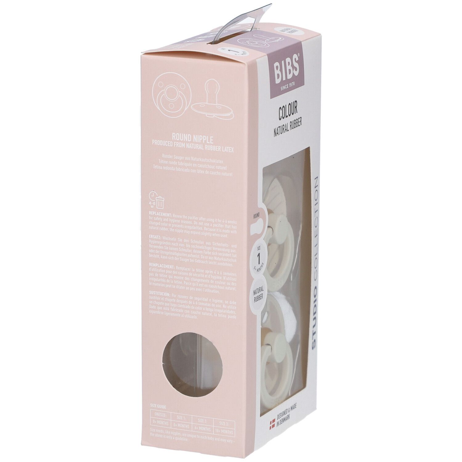 Seitenansicht der Verpackung mit zwei Schnullern. Marke BIBS, Farbe Elfenbein Vanille Mix, +0 Monate. Naturgummi.