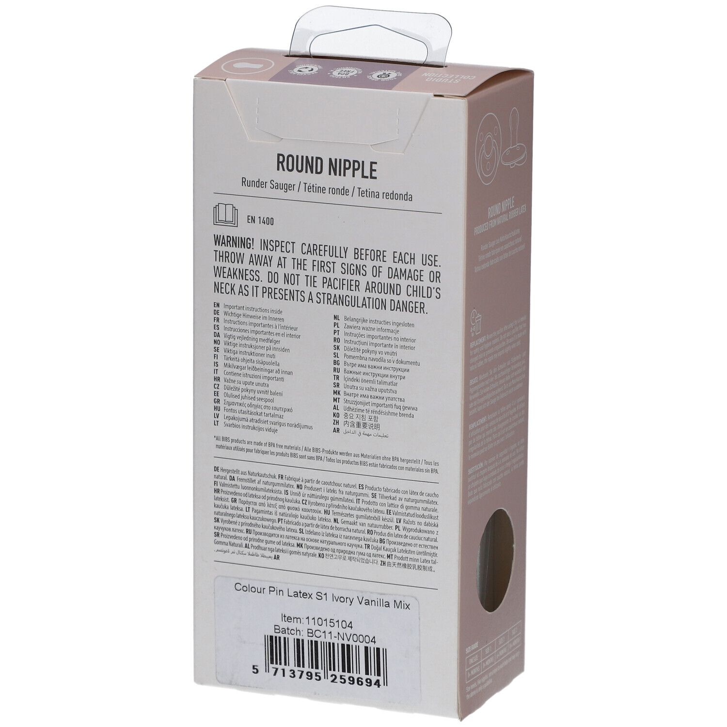 Rückseite der Verpackung mit Warnhinweisen und Produktinformationen. Marke BIBS, Farbe Elfenbein Vanille Mix.