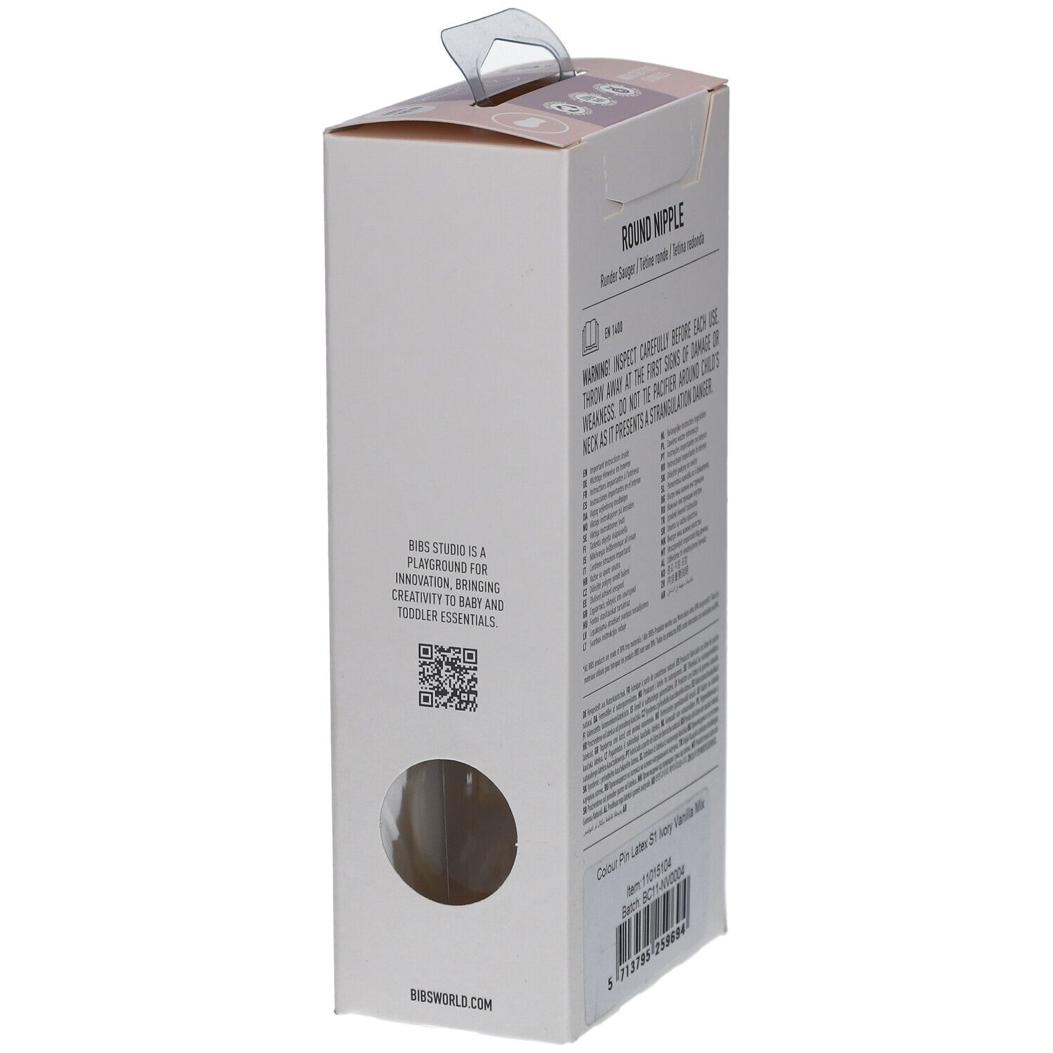 Seitenansicht der Verpackung mit Text. BIBS STUDIO, Playground für Innovation. QR-Code und Markenlogo.