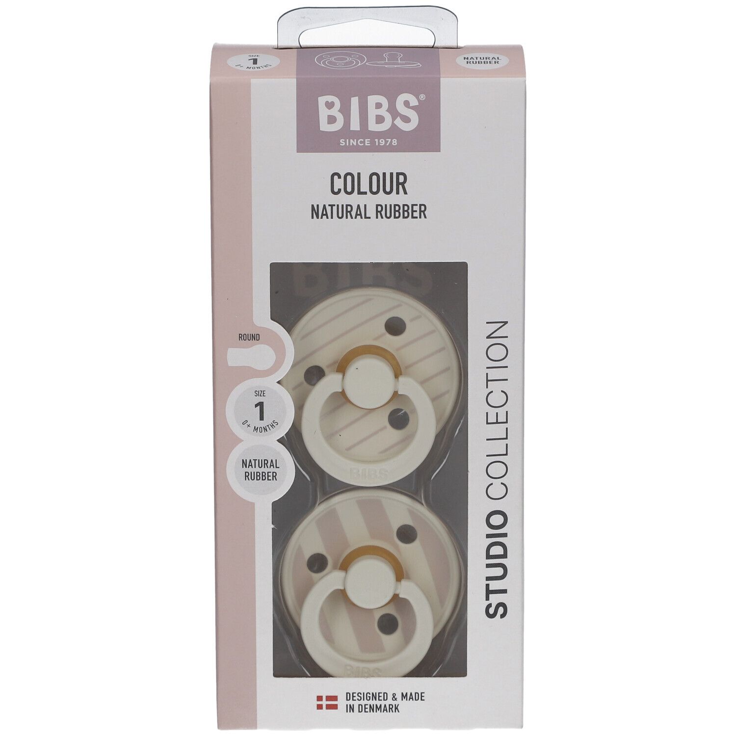 Verpackung mit zwei Schnullern. Marke BIBS, Farbe Elfenbein Vanille Mix, +0 Monate. Naturgummi. Sichtfenster.