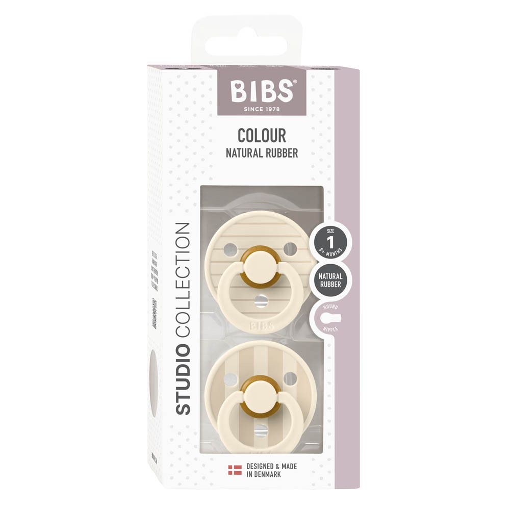 Verpakking met twee BIBS-fopspenen, kleur Elfenbein Vanille Mix, +0 maanden. Natuurrubber. Transparant venster.