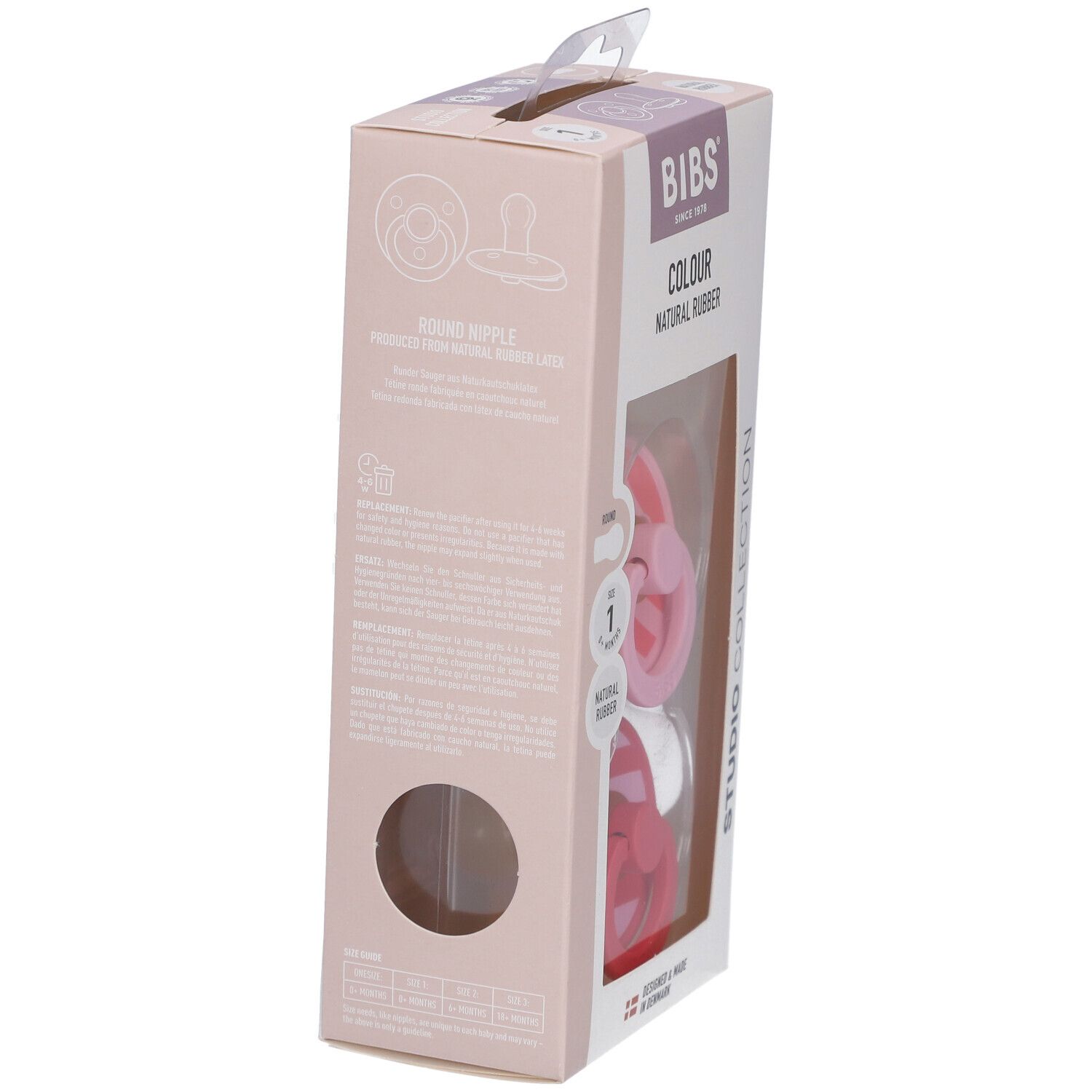 Seitenansicht der Verpackung mit zwei Schnullern. BIBS-Logo, 'Colour Natural Rubber'. Sichtfenster mit Schnuller.