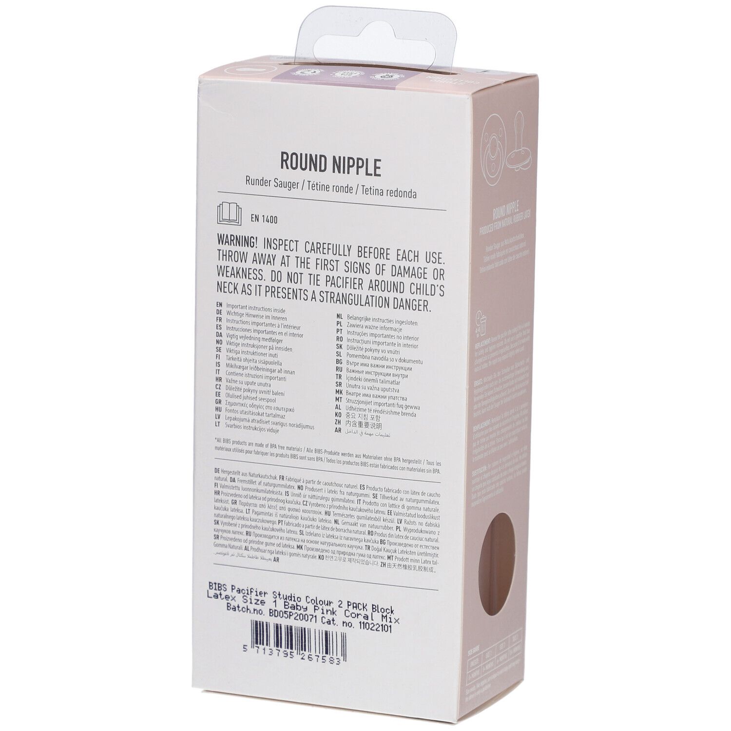Rückseite der Verpackung mit Warnhinweisen und Produktinformationen. Text in mehreren Sprachen.