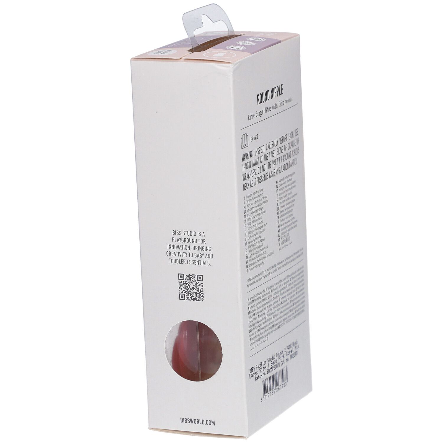 Seitenansicht der Verpackung mit Text. 'Round Nipple' und Warnhinweise. QR-Code und Website-Adresse.