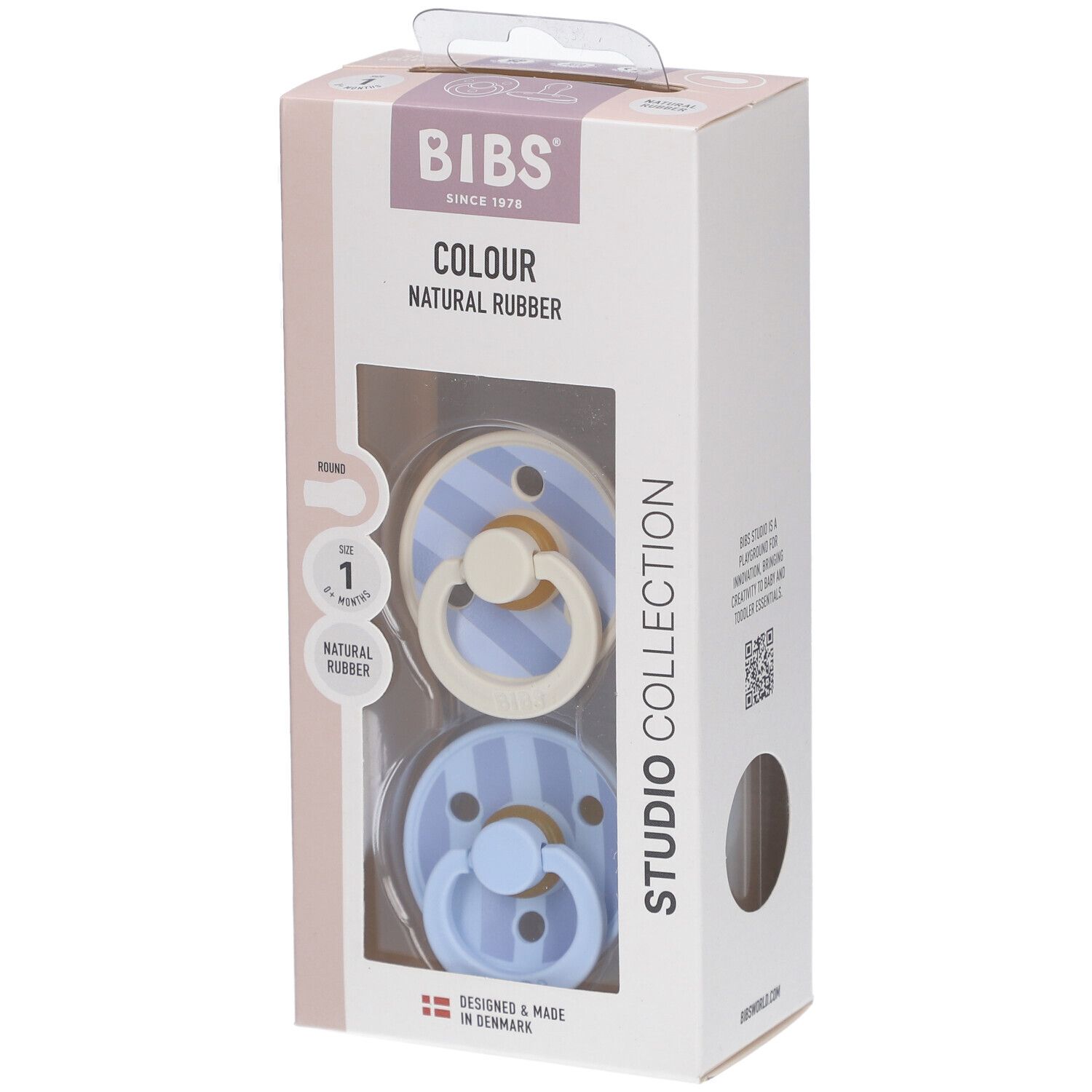 Verpackung mit zwei Schnullern. Blaue und cremefarbene Schnuller mit Streifenmuster. Marke BIBS.