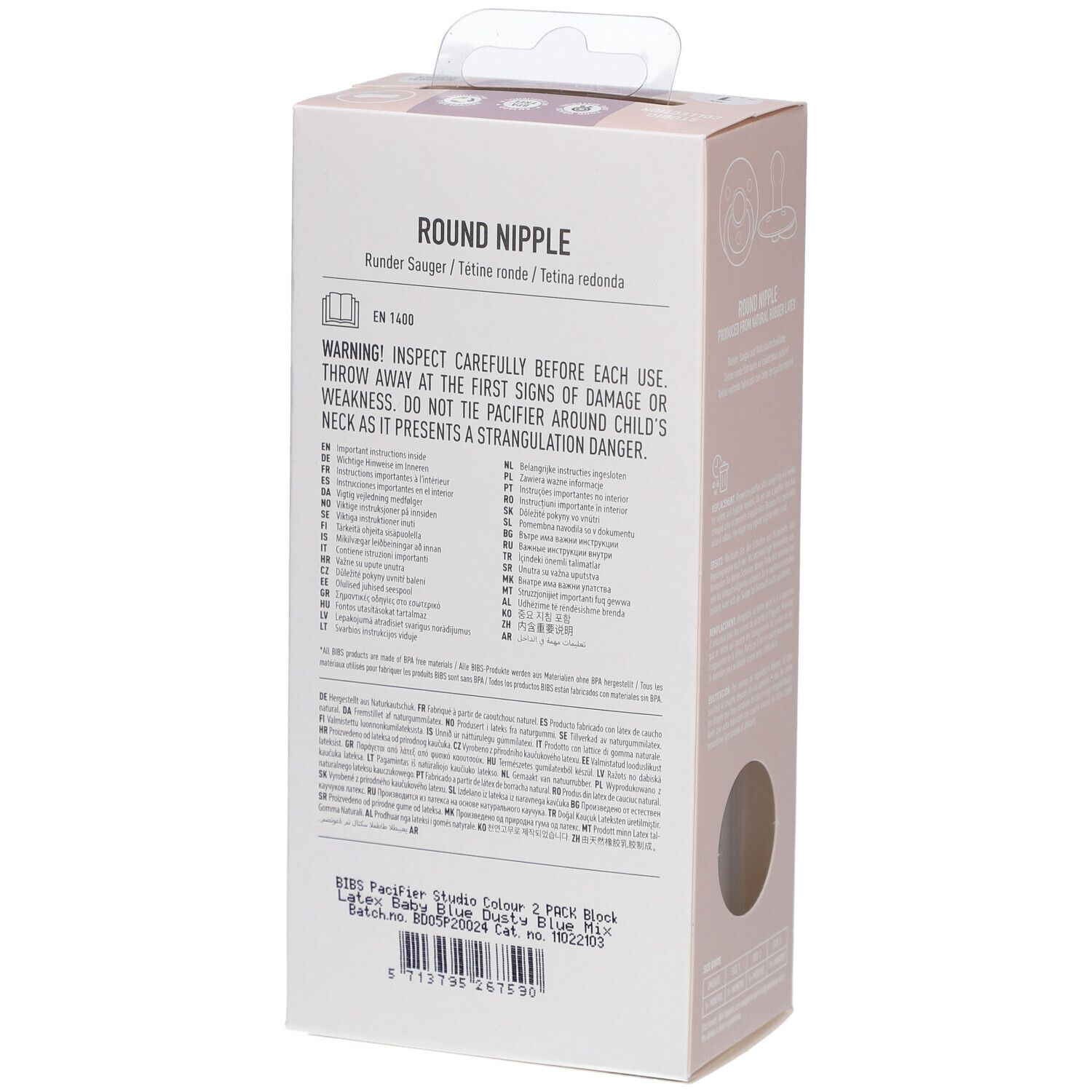 Rückseite der Verpackung mit Text. Enthält Informationen über die Schnuller. Marke BIBS.