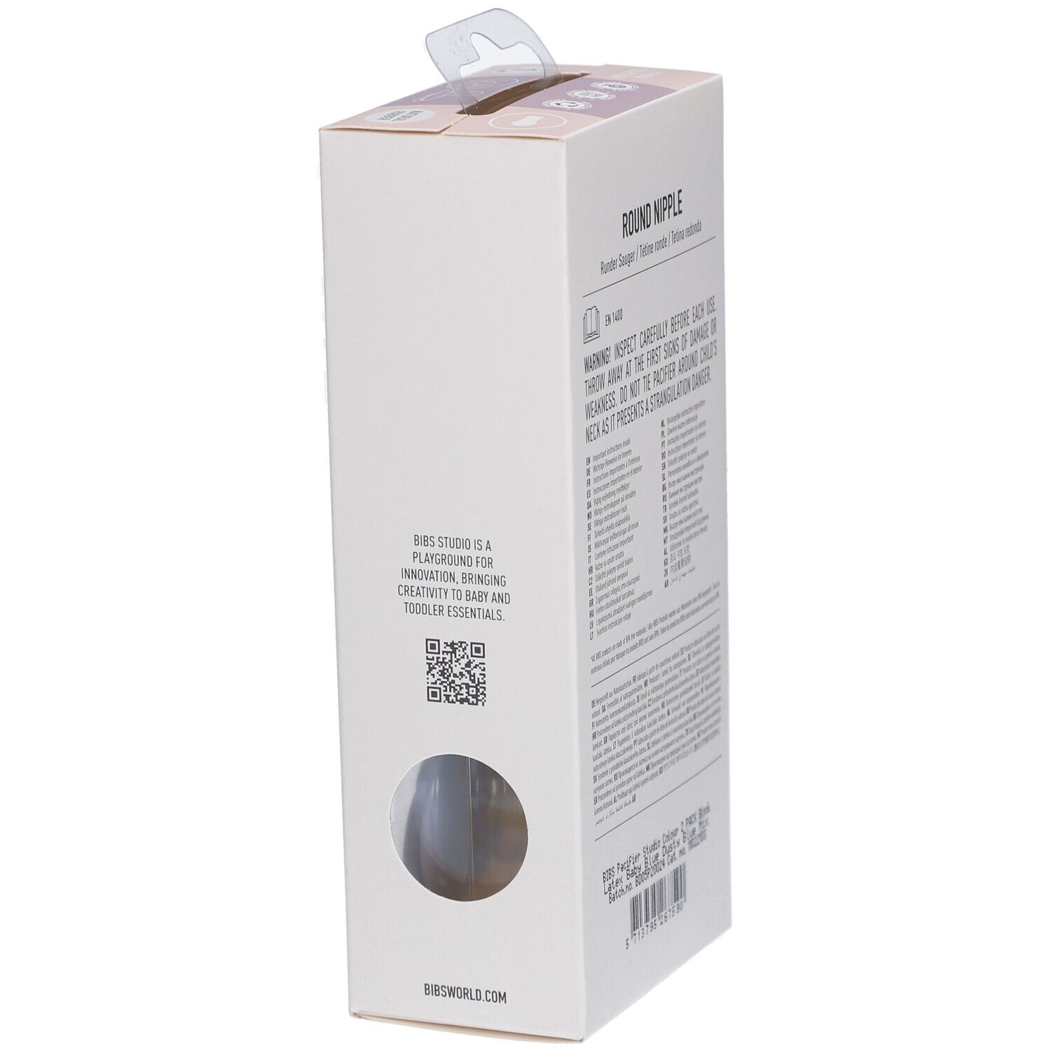 Seitenansicht der Verpackung mit Text. Enthält Informationen über die Schnuller. Marke BIBS.