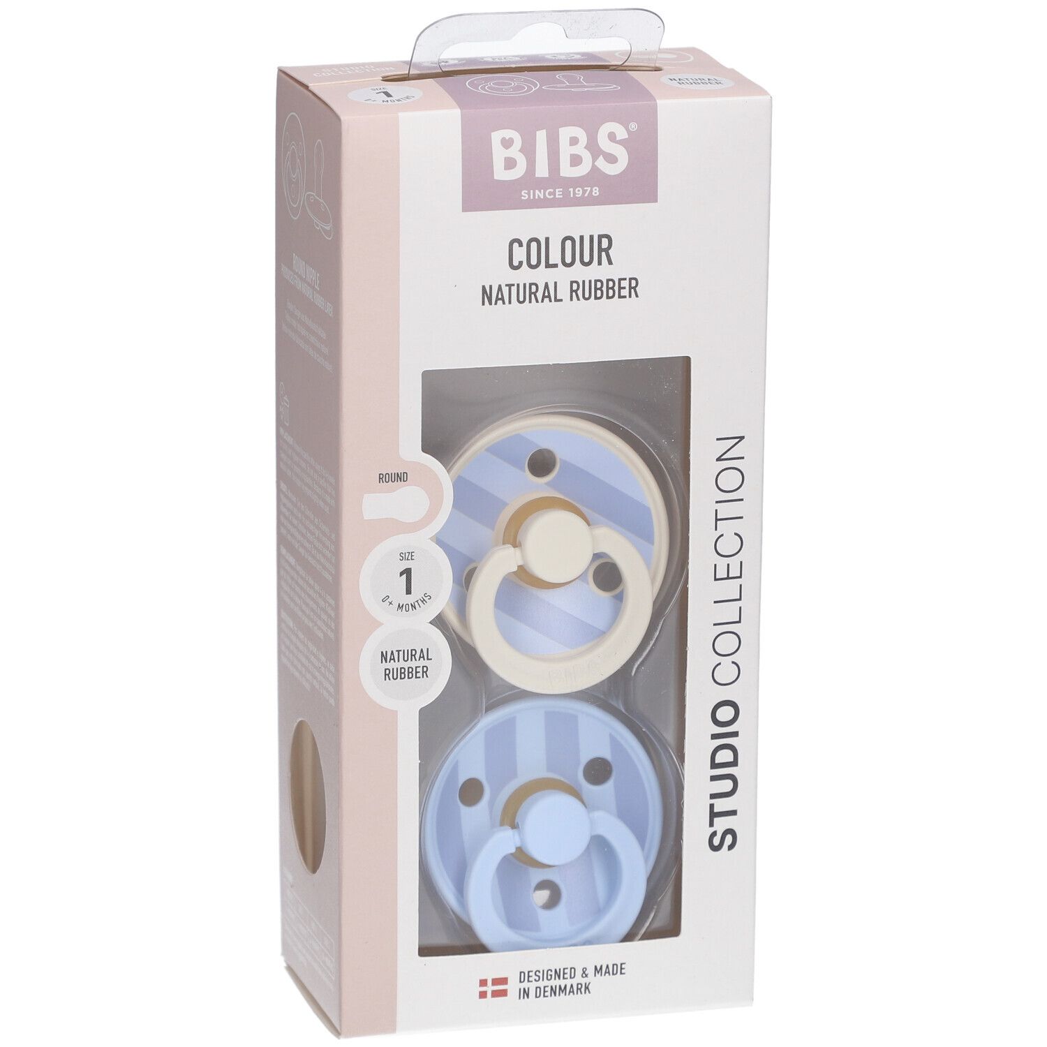 Verpackung mit zwei Schnullern. Blaue und cremefarbene Schnuller mit Streifenmuster. Marke BIBS.