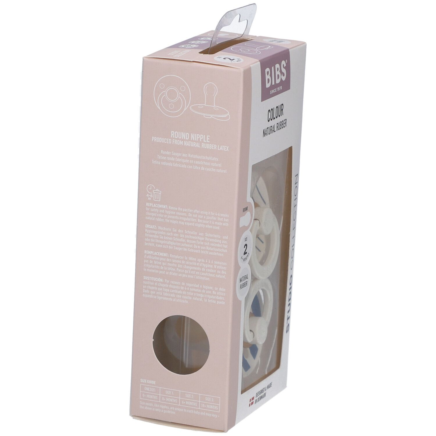 BIBS Colour Schnuller-Packung. Rückseite der Verpackung mit Produktinformationen und Sichtfenster.