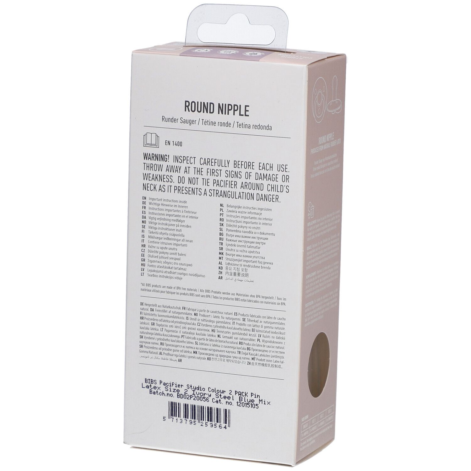 Rückseite der BIBS Colour Schnuller-Packung. Warnhinweise und Produktinformationen in mehreren Sprachen.