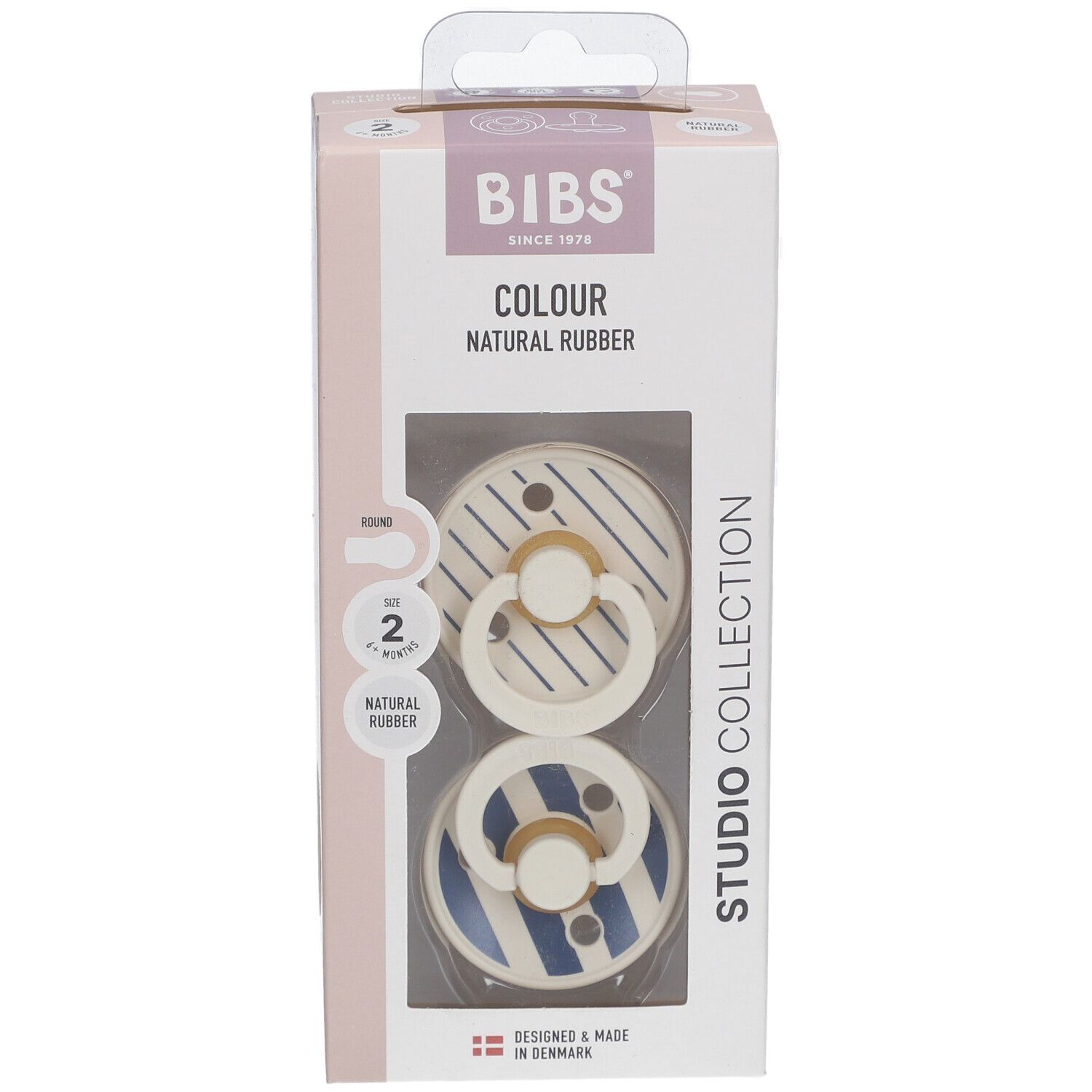 BIBS Colour Schnuller-Packung. Zwei Schnuller mit blau-weißem Streifenmuster. Sichtfenster.