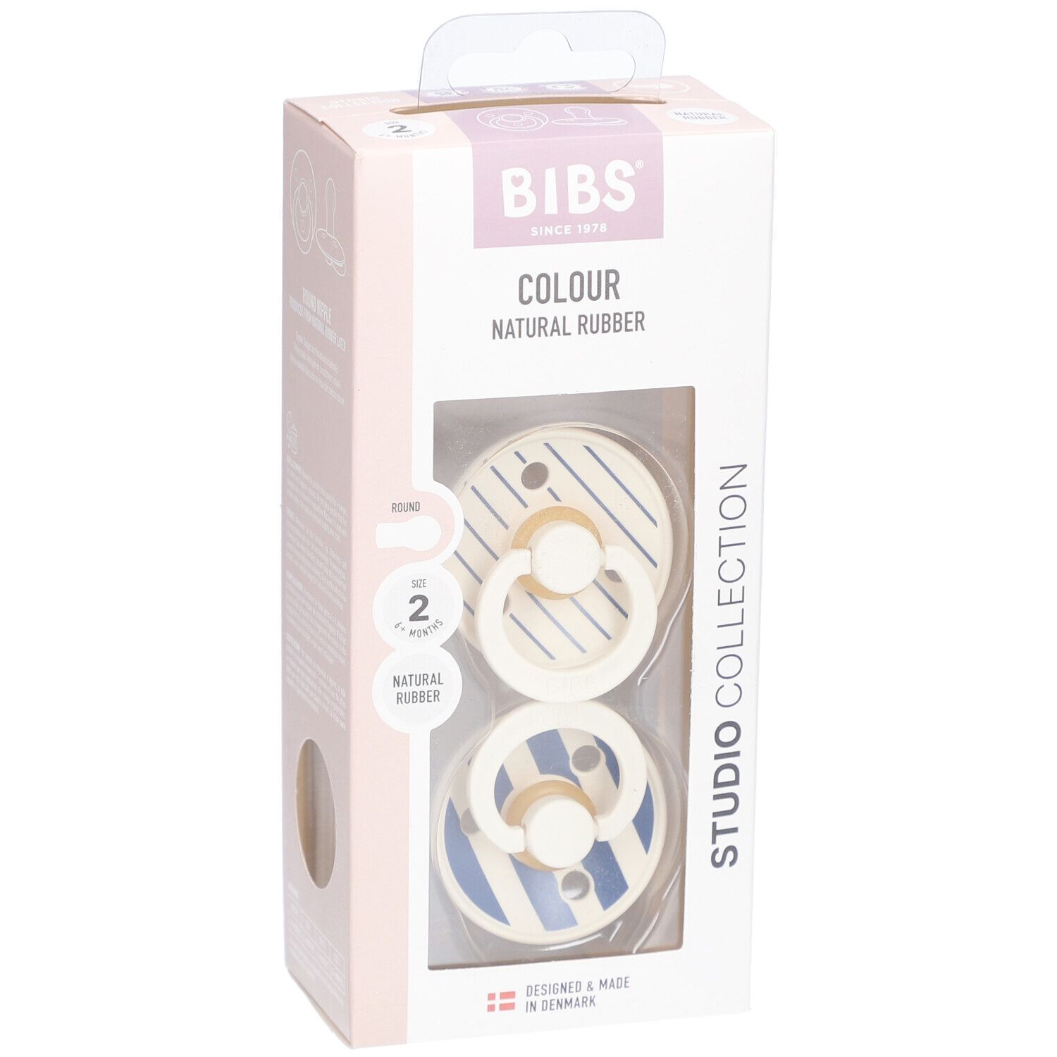 BIBS Colour Schnuller-Packung. Zwei Schnuller mit blau-weißem Streifenmuster. Sichtfenster.