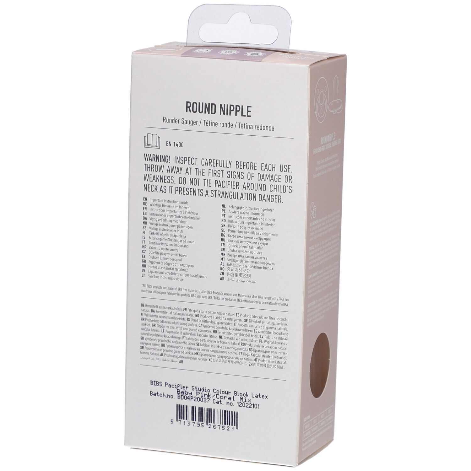 Rückseite der Verpackung mit Warnhinweisen und Produktinformationen. BIBS-Logo.