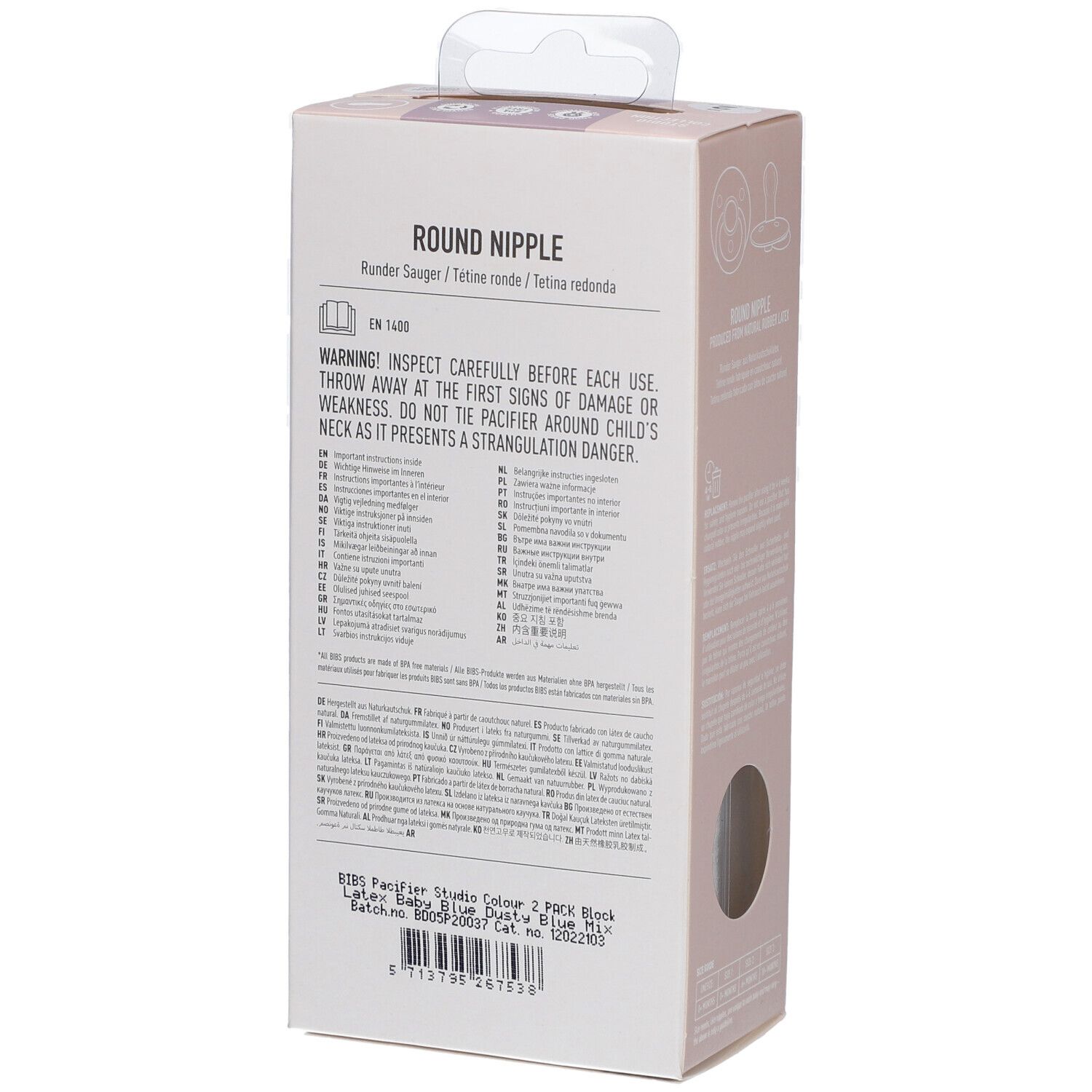 Rückseite der Verpackung mit Text. Enthält Informationen über die Schnuller. Marke BIBS, ab 6 Monaten.