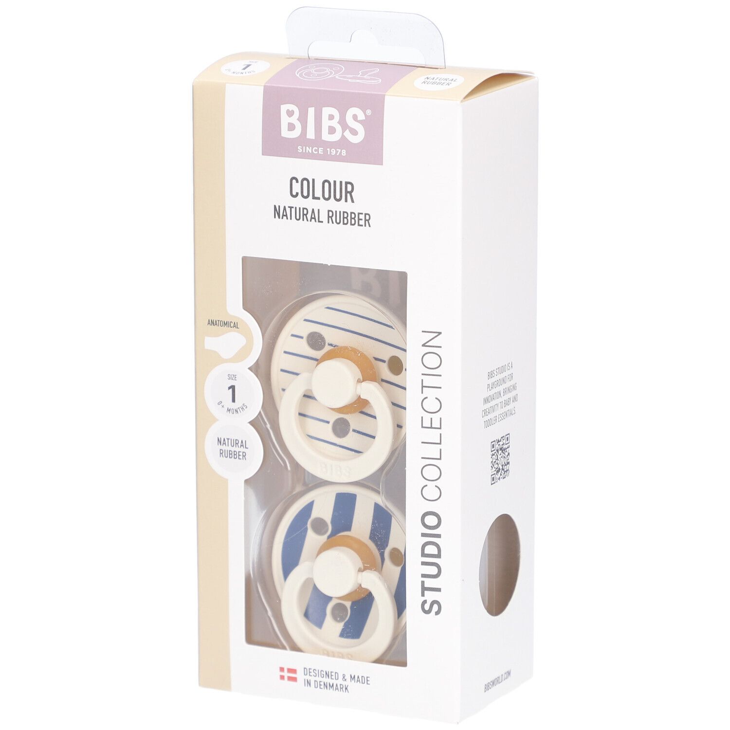 Verpackung mit zwei Schnullern. BIBS-Logo, 'COLOUR', 'NATURAL RUBBER'. Zwei Schnuller mit blau-weißem Streifenmuster.