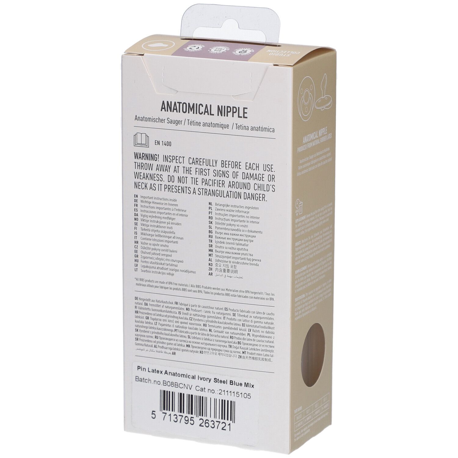 Rückseite der Verpackung. Anatomischer Sauger. Warnhinweise. Chargennummer und Barcode.