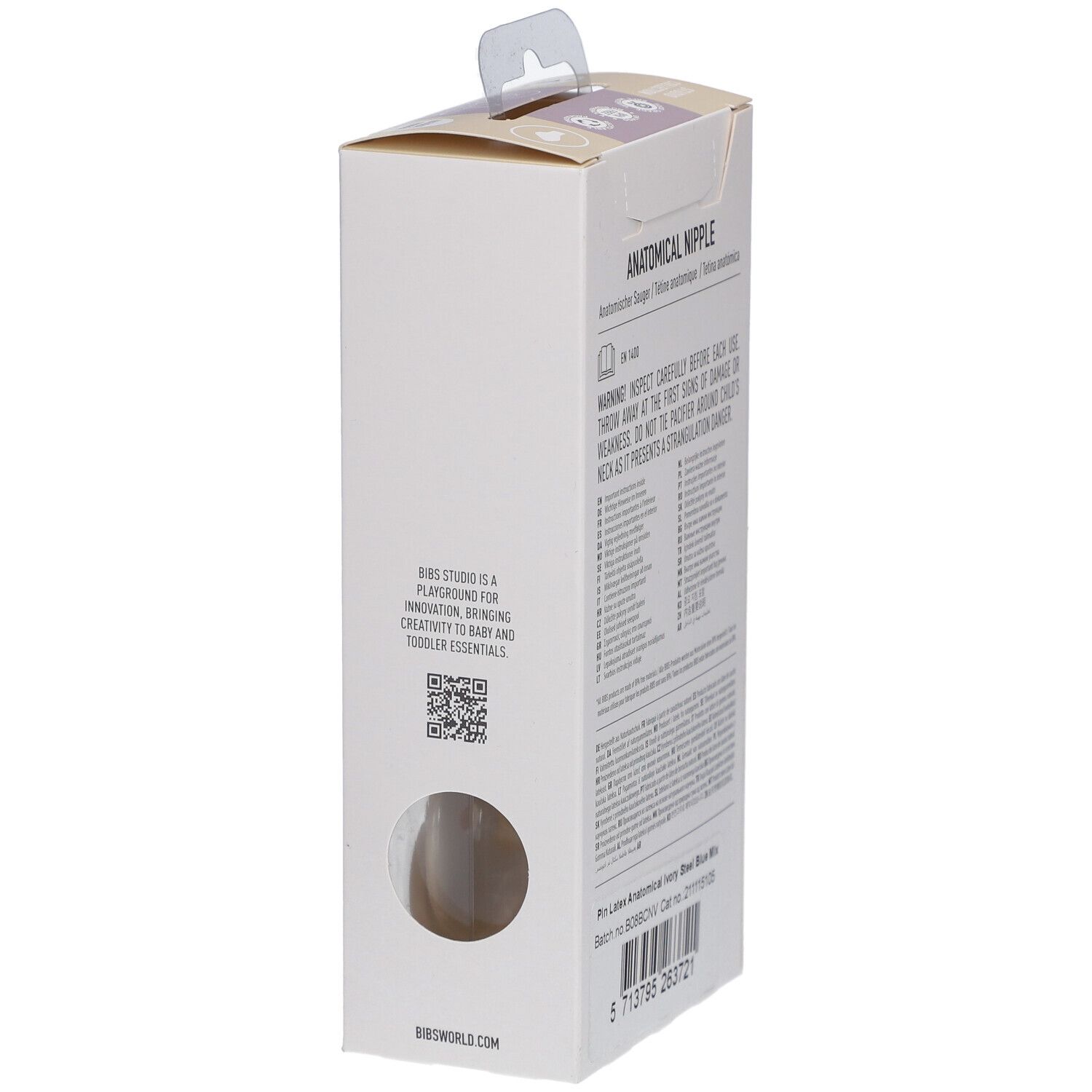 Seitenansicht der Verpackung. BIBS STUDIO. Informationen zur Marke. QR-Code und Barcode.