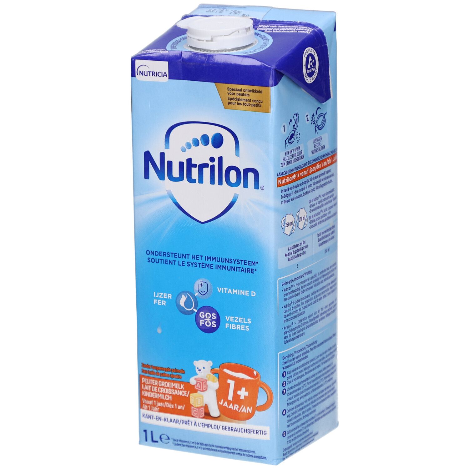 Milchpackung mit Nutrilon-Logo. Enthält 1+ Milch. Blaue Verpackung mit weißem Deckel. Enthält Eisen, GOS/FOS und Vitamin D.