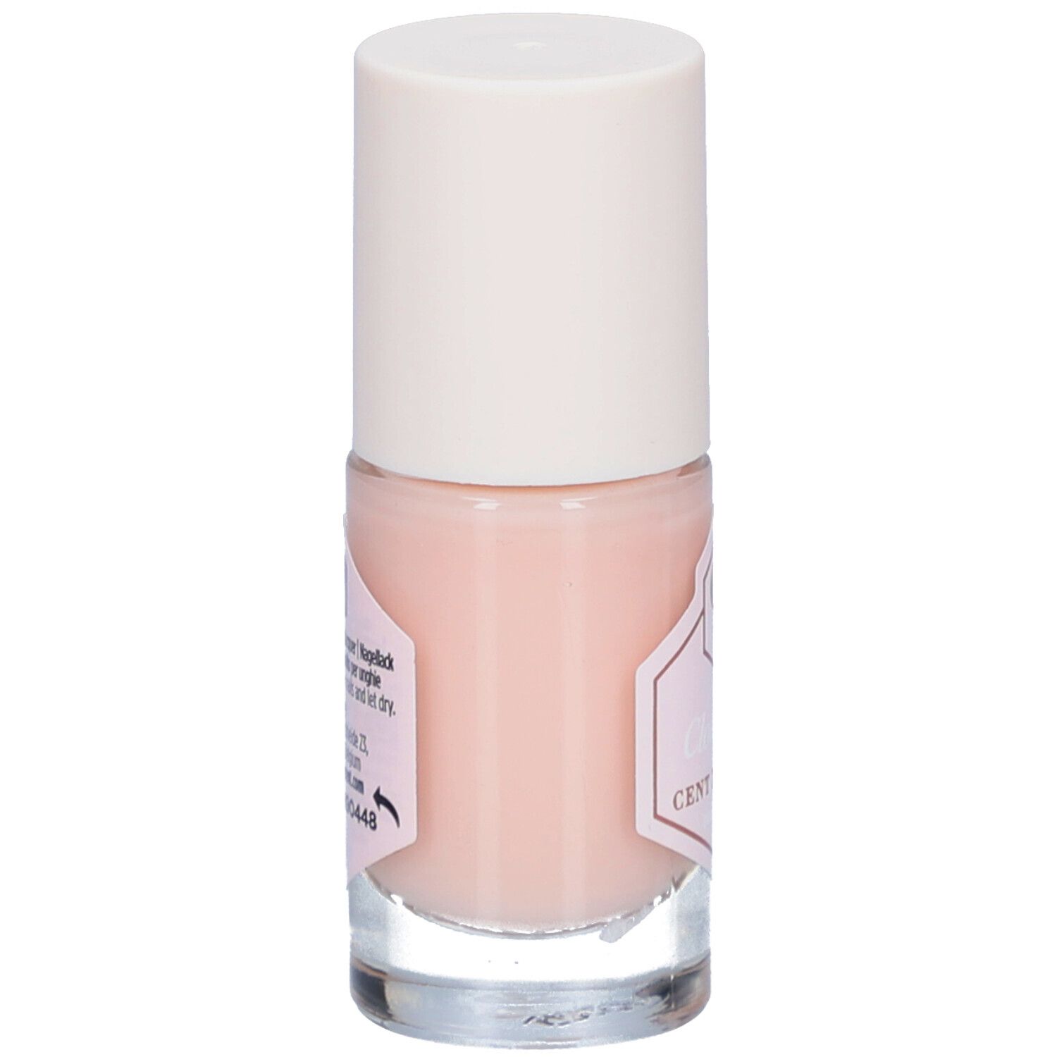Nagellackflasche, Rückansicht. Rosafarbener Inhalt, weißer Deckel. Etikett mit Text, u.a. "Cloud nine".
