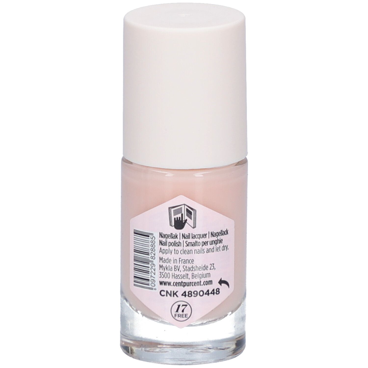 Nagellackflasche, Rückansicht. Rosafarbener Inhalt, weißer Deckel. Etikett mit Text und Barcode. "17 FREE" Logo.