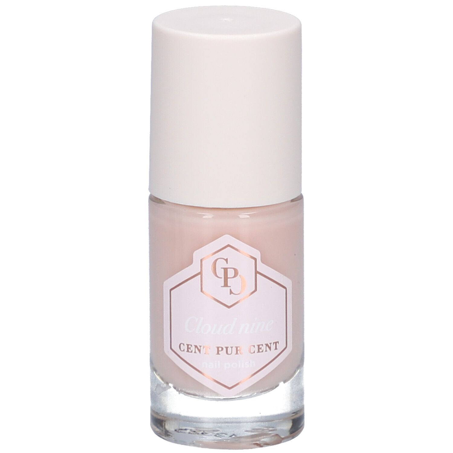 Nagellackflasche mit rosafarbenem Inhalt und weißem Deckel. Auf dem Etikett steht "Cloud nine CENT PUR CENT".