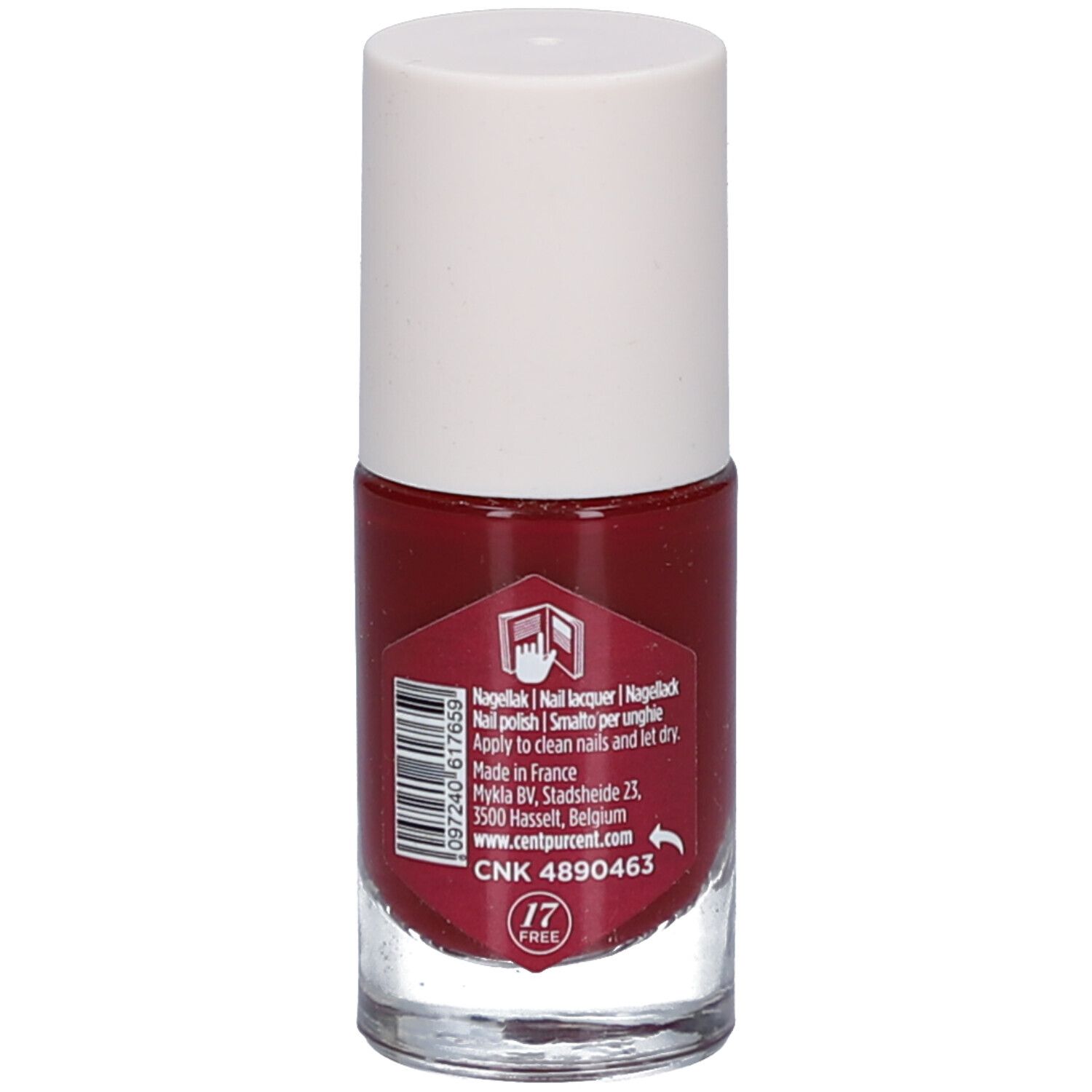 Cent Pur Cent Nagellackflasche mit Etikett, Barcode und '17 FREE'-Kennzeichnung.