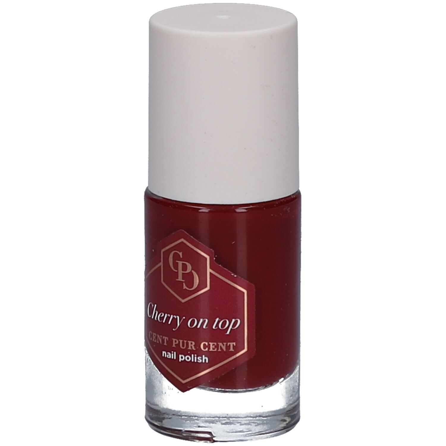 Cent Pur Cent Nagellack, Flasche mit weißem Deckel. Dunkelroter Lack mit Glitzer.