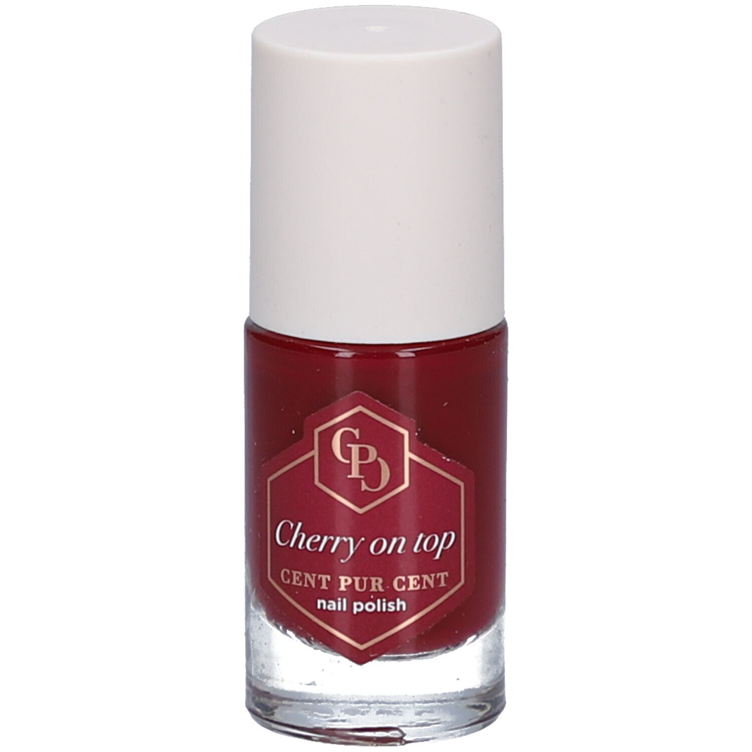 Cent Pur Cent Nagellackflasche mit weißem Deckel und dunkelrotem Glitzerlack.