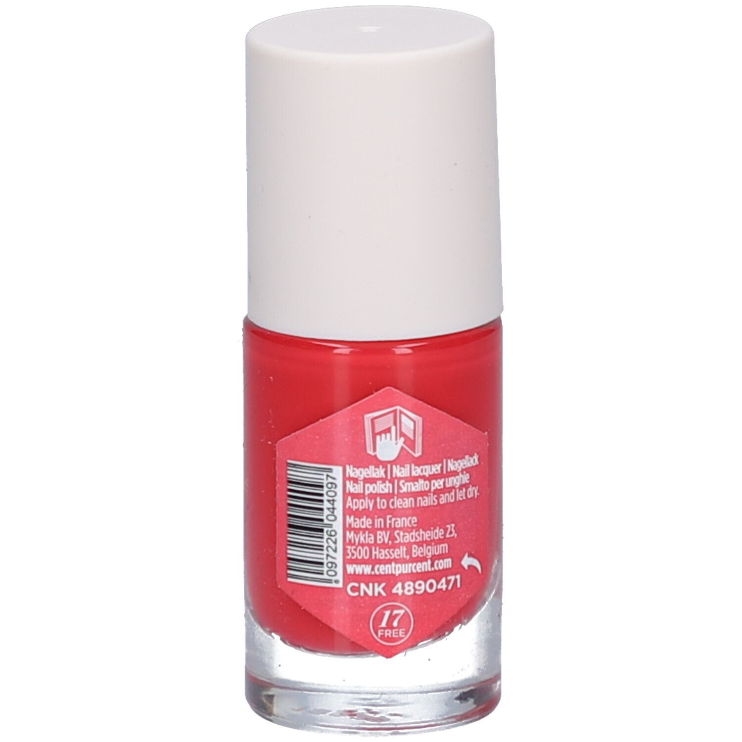 Cent pur Cent Nagellack, Rückseite der Flasche mit Anwendungshinweisen und Produktinformationen. Rote Farbe.