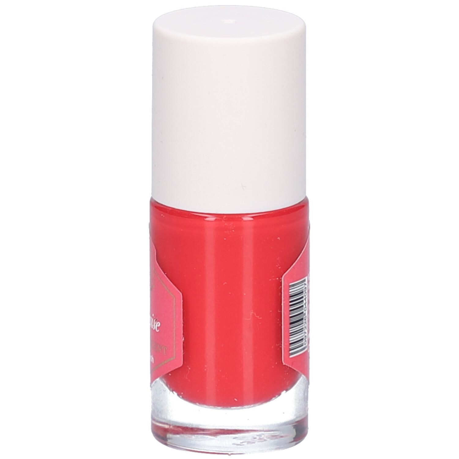 Cent pur Cent Nagellack, Seite der Flasche mit Etikett und Barcode. Rote Farbe.