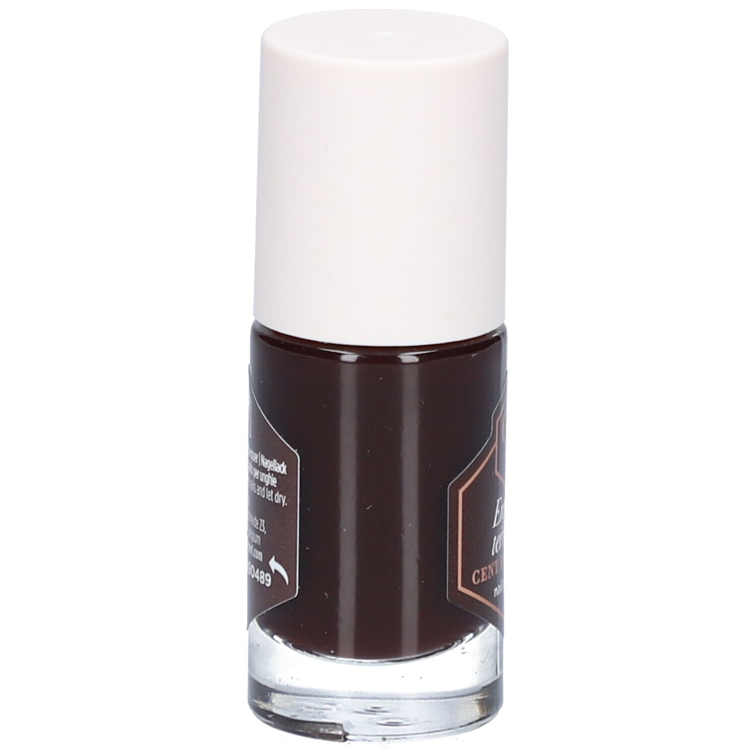 Nagellackflasche mit braunem Lack und weißem Deckel. Auf der Seite Text und Logo.
