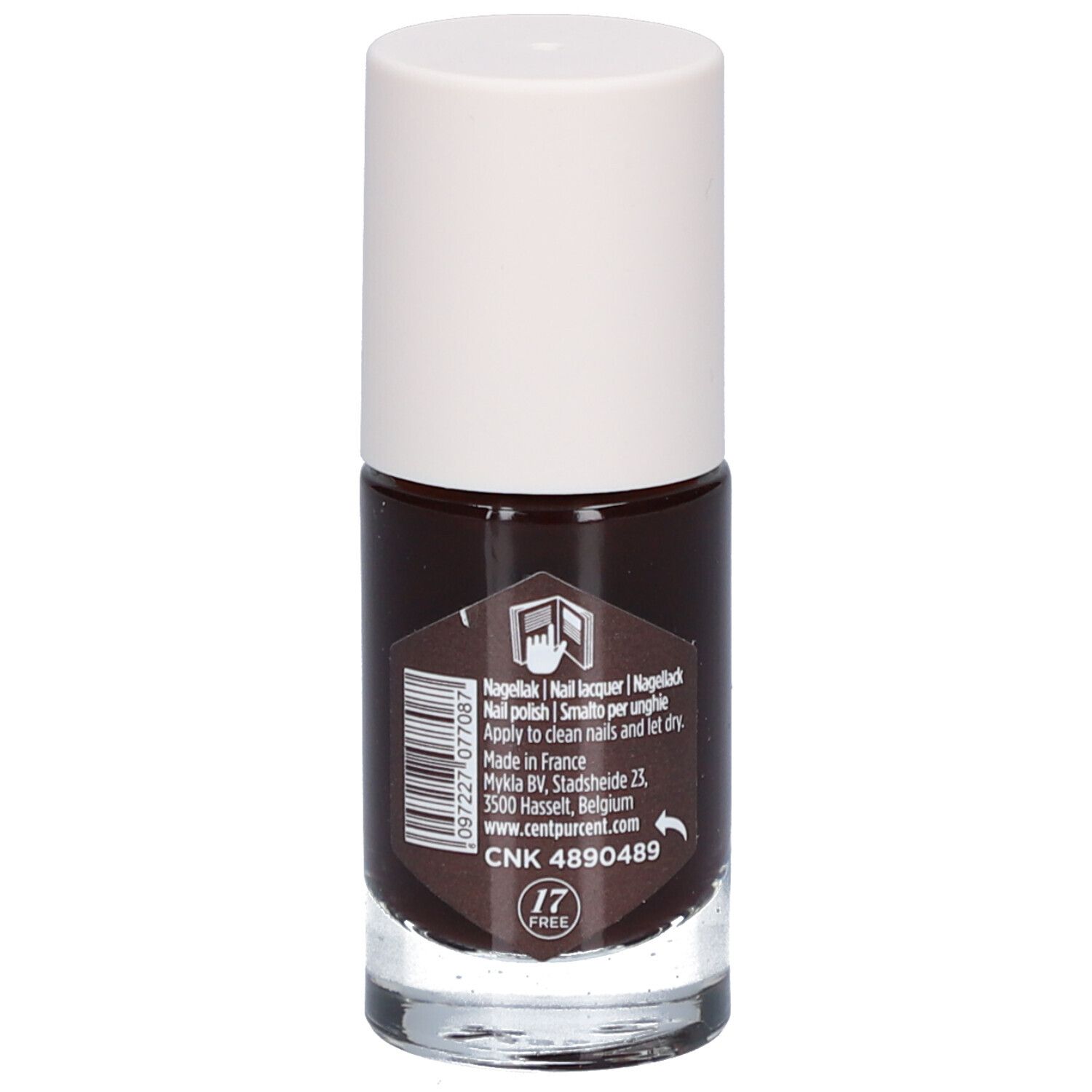 Nagellackflasche mit braunem Lack und weißem Deckel. Rückseite mit Text und Barcode.