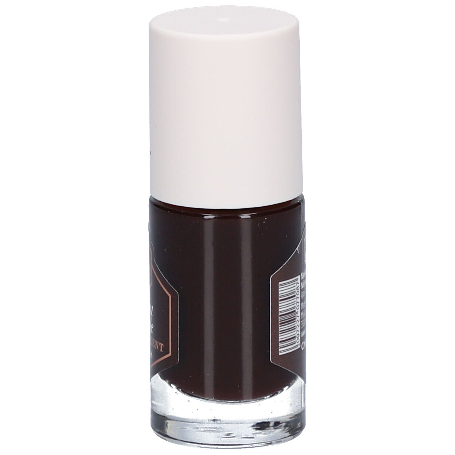 Nagellackflasche mit braunem Lack und weißem Deckel. Auf der Seite Text und Barcode.
