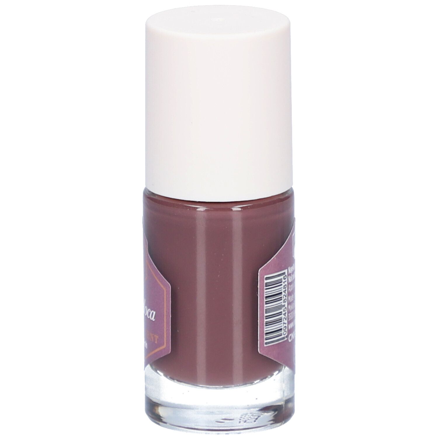 Nagellackflasche mit braunem Inhalt und weißem Deckel. Aufkleber mit Produktnamen Mochaloca und Marke Cent Pur Cent.