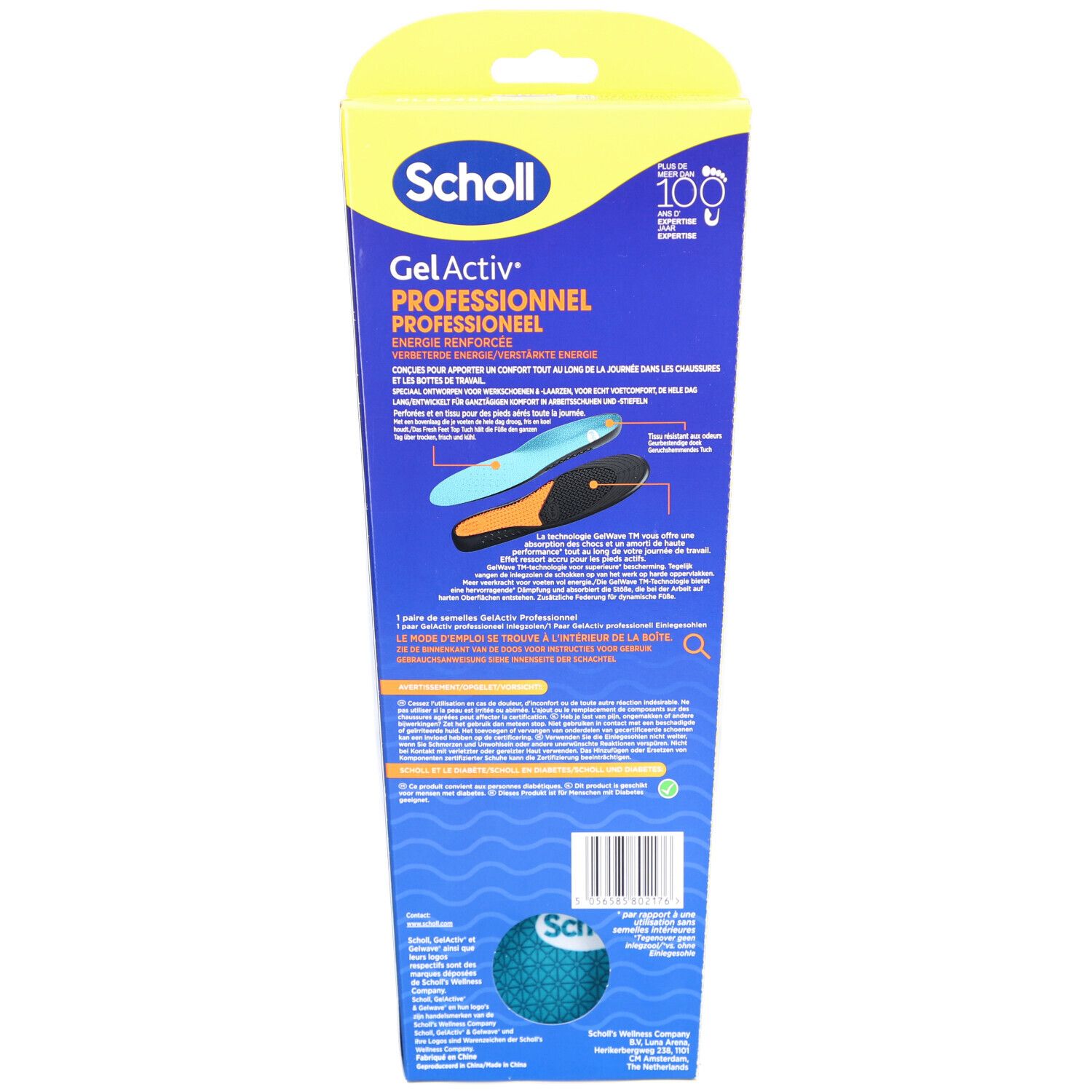 Rückseite der Scholl Gel Activ® Professional Verpackung. Produktname, blaue Verpackung, Produktabbildung und Text.