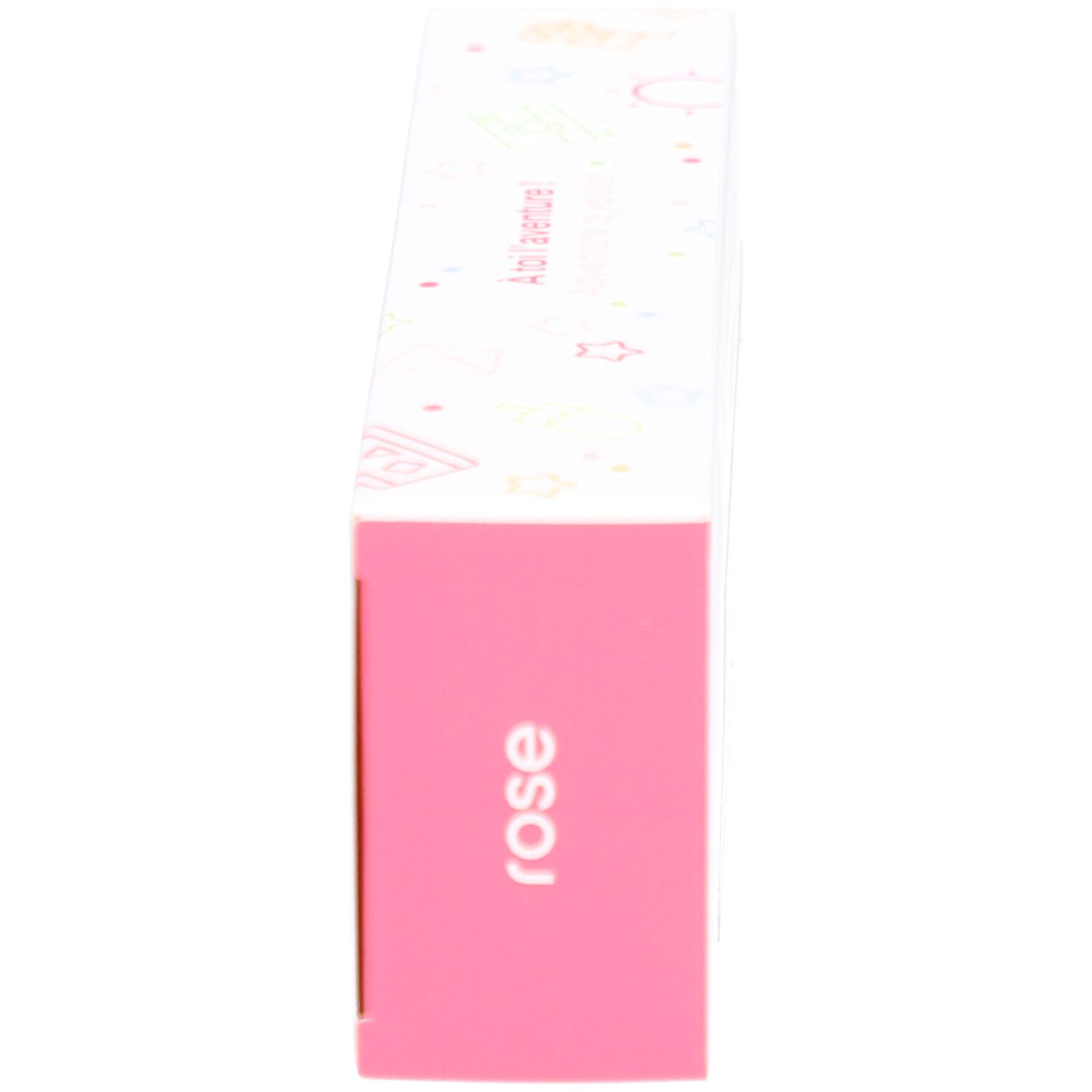 Boîte rose avec le mot 'rose'. Le nom du produit et d'autres détails ne sont pas visibles.