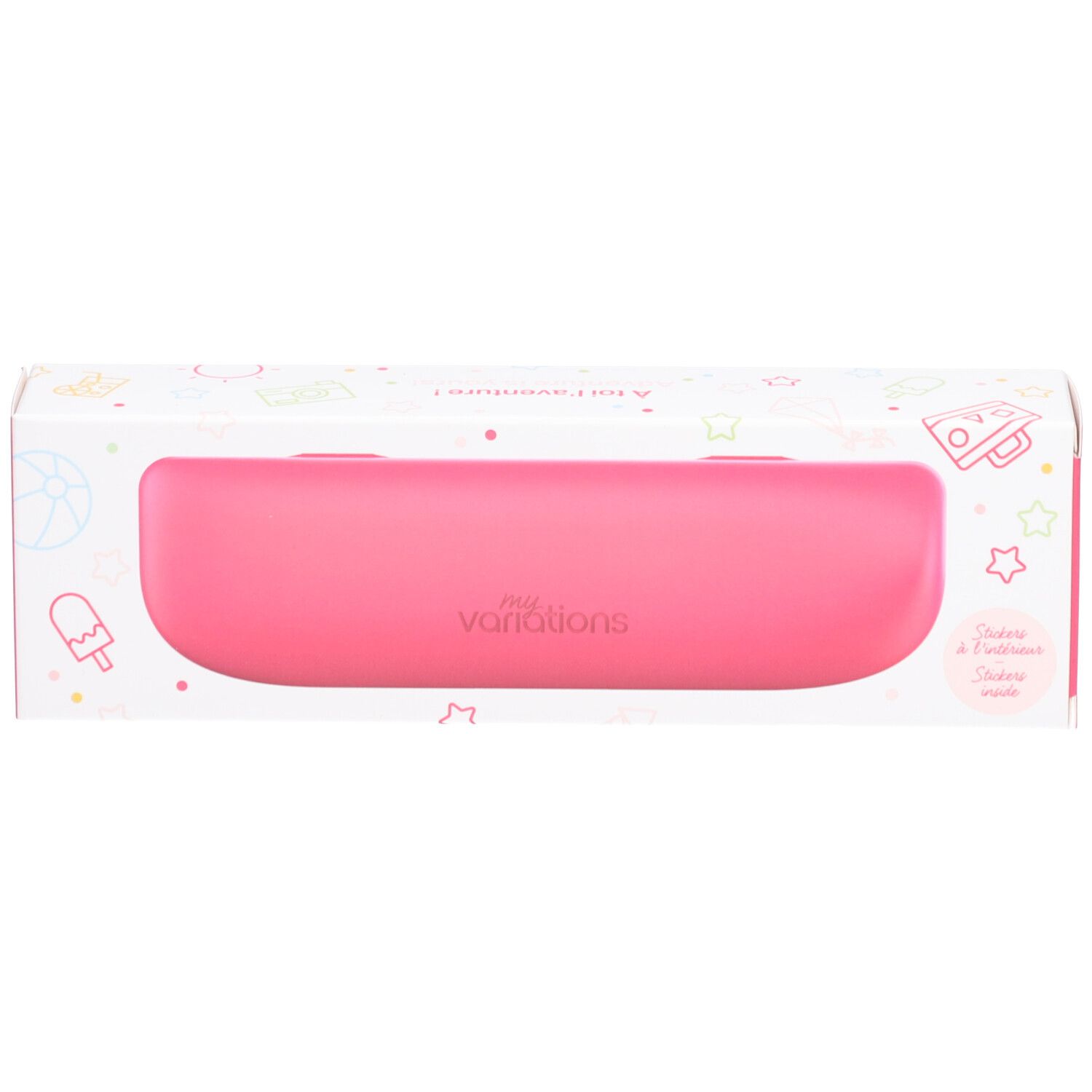 Étui à brosse à dents rose dans un emballage blanc. Inscription 'MyVariations'. Fenêtre.