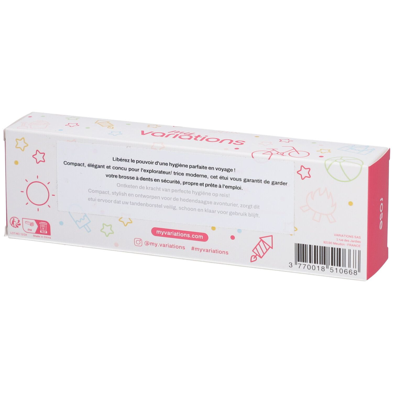 Emballage blanc avec accents roses. Texte et logo 'myvariations.com'. Code-barres.