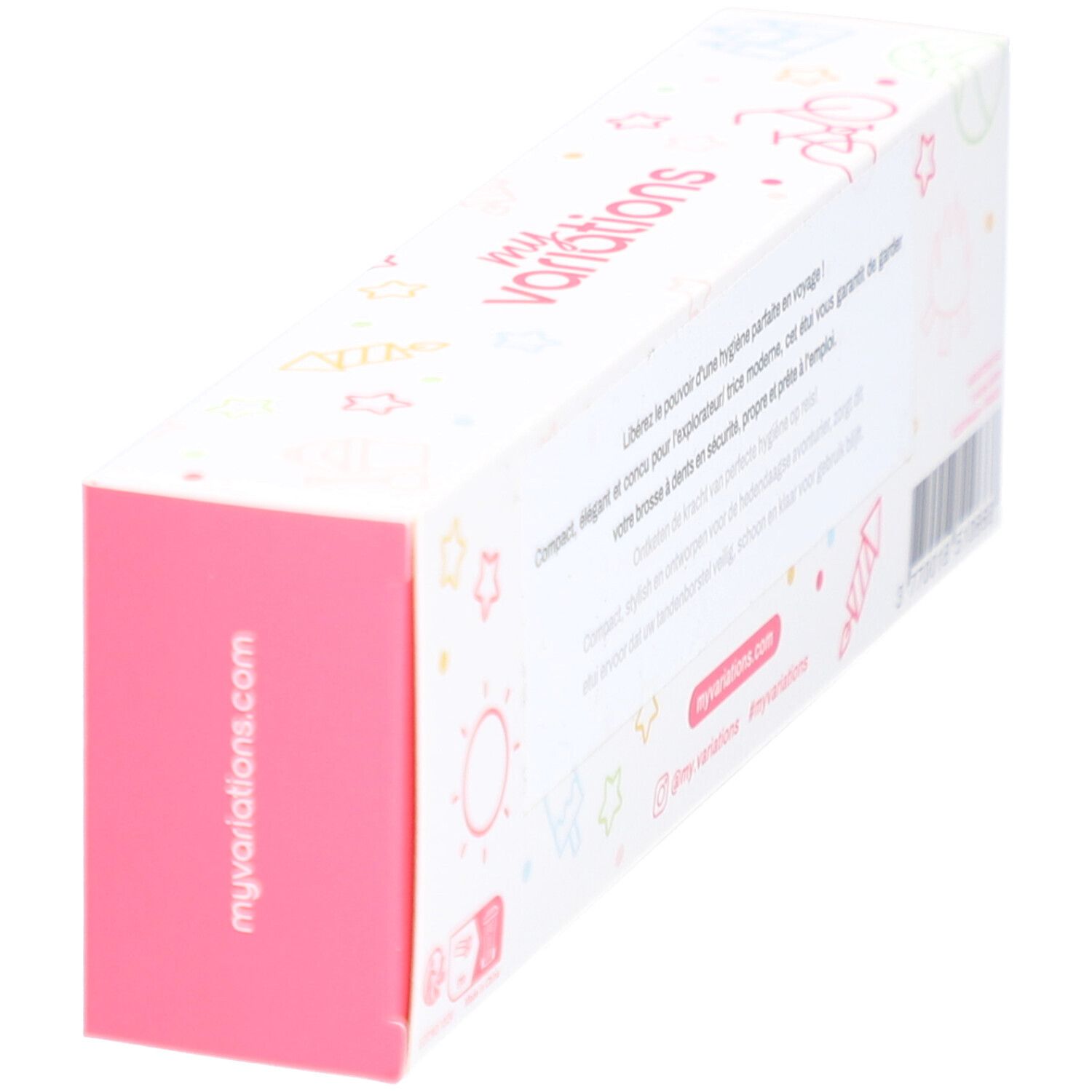 Vue oblique de l'emballage. Logo et texte 'MyVariations'. Accent rose.