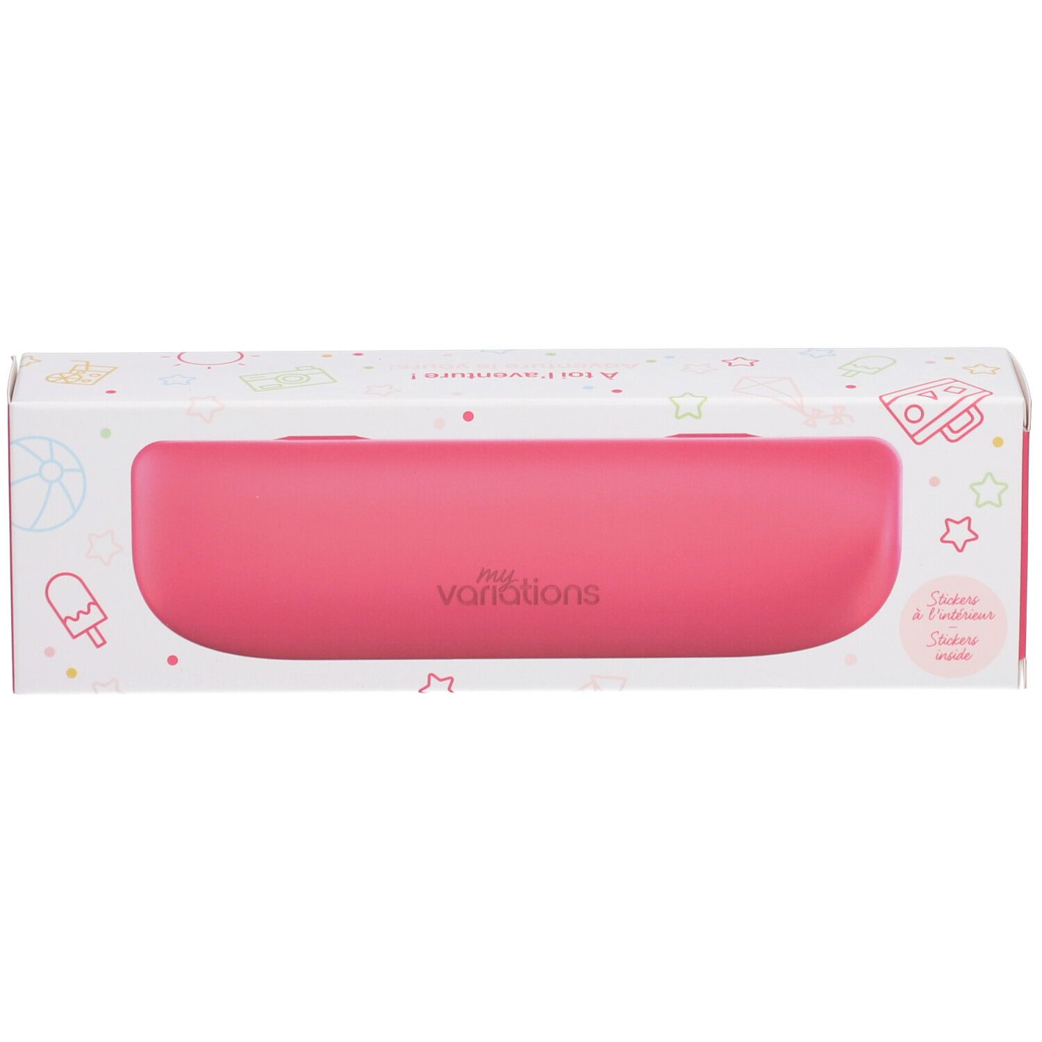 Étui à brosse à dents rose dans l'emballage. Inscription 'MyVariations'. Fenêtre.