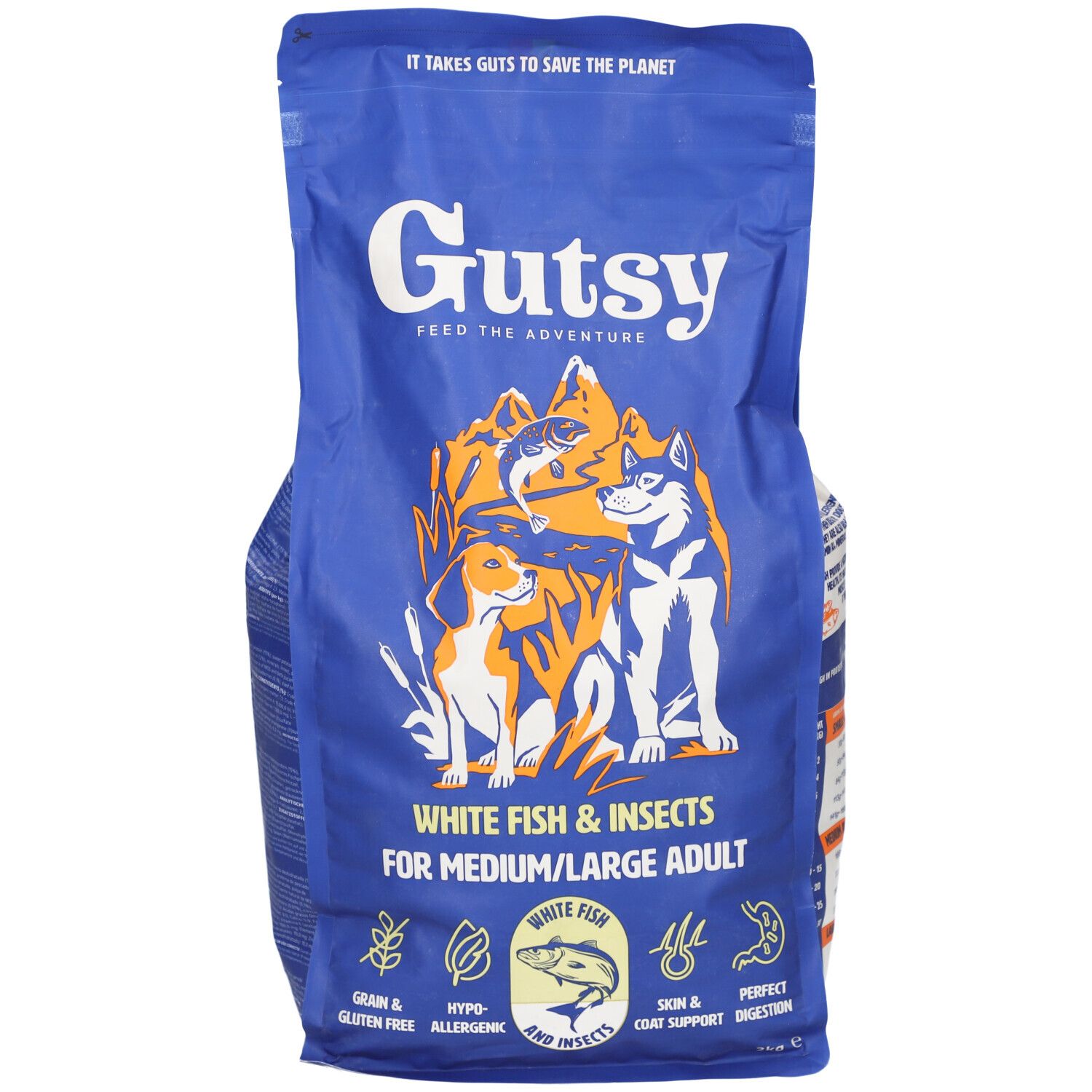 Blaue Tüte mit "Gutsy"-Logo und Abbildung von Hunden und Fischen. Text: "White Fish & Insects for Medium/Large Adult".