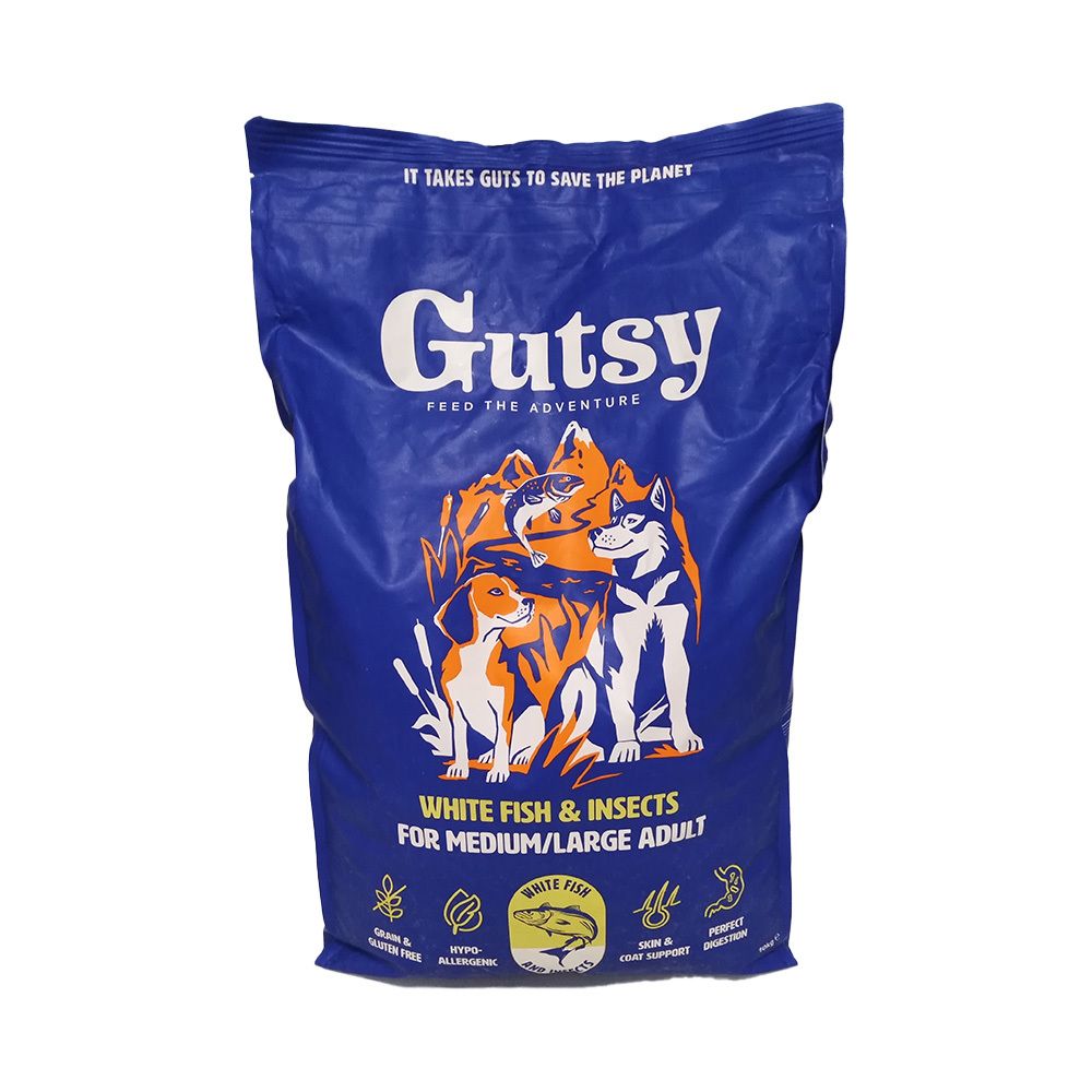 Gutsy Hundefutter, weißer Fisch & Insekten, für mittlere/große erwachsene Hunde.