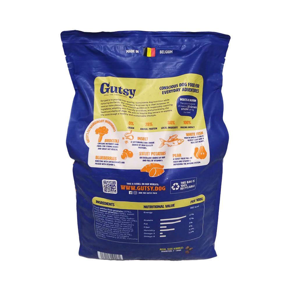 Blauer Beutel mit Aufdruck. Text: Gutsy, Conscious Dog Food, Inhaltsstoffe, Nährwertangaben. Recycling-Logo.