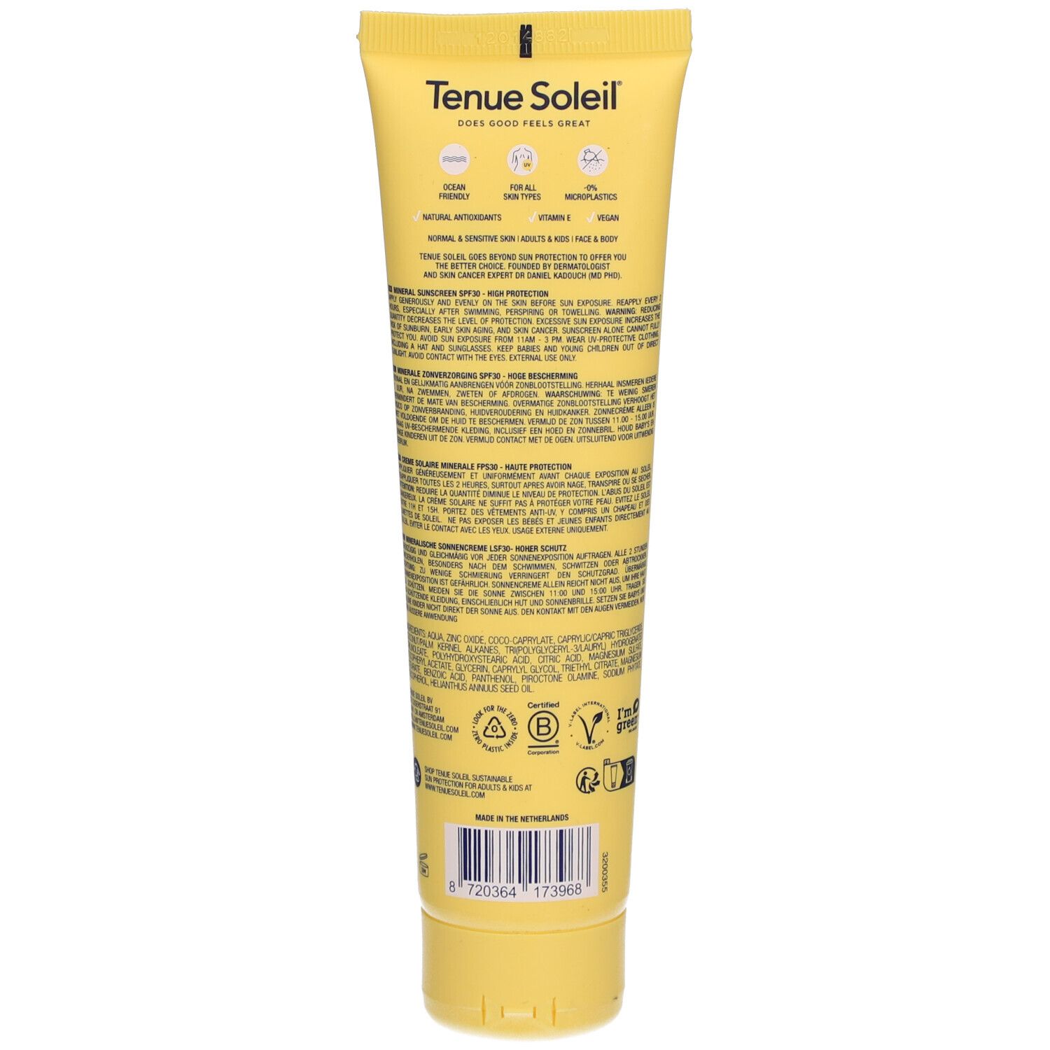 Rückseite der gelben Tube. Textinformationen: Inhaltsstoffe, Anwendungshinweise, Zertifizierungen. Hergestellt in den Niederlanden.