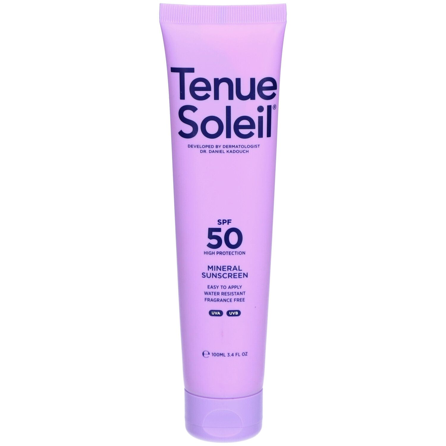 Lila Tube mit Tenue Soleil® Mineral Sunscreen SPF50. Text: Wasserfest, parfümfrei, einfach anzuwenden. Mit UV-A und UV-B Schutz.