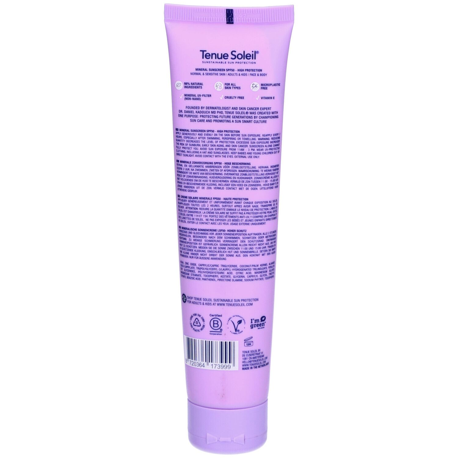 Rückseite der lila Tenue Soleil® Mineral Sunscreen SPF50 Tube. Text: 98% natürliche Inhaltsstoffe, vegan, frei von Tierversuchen.
