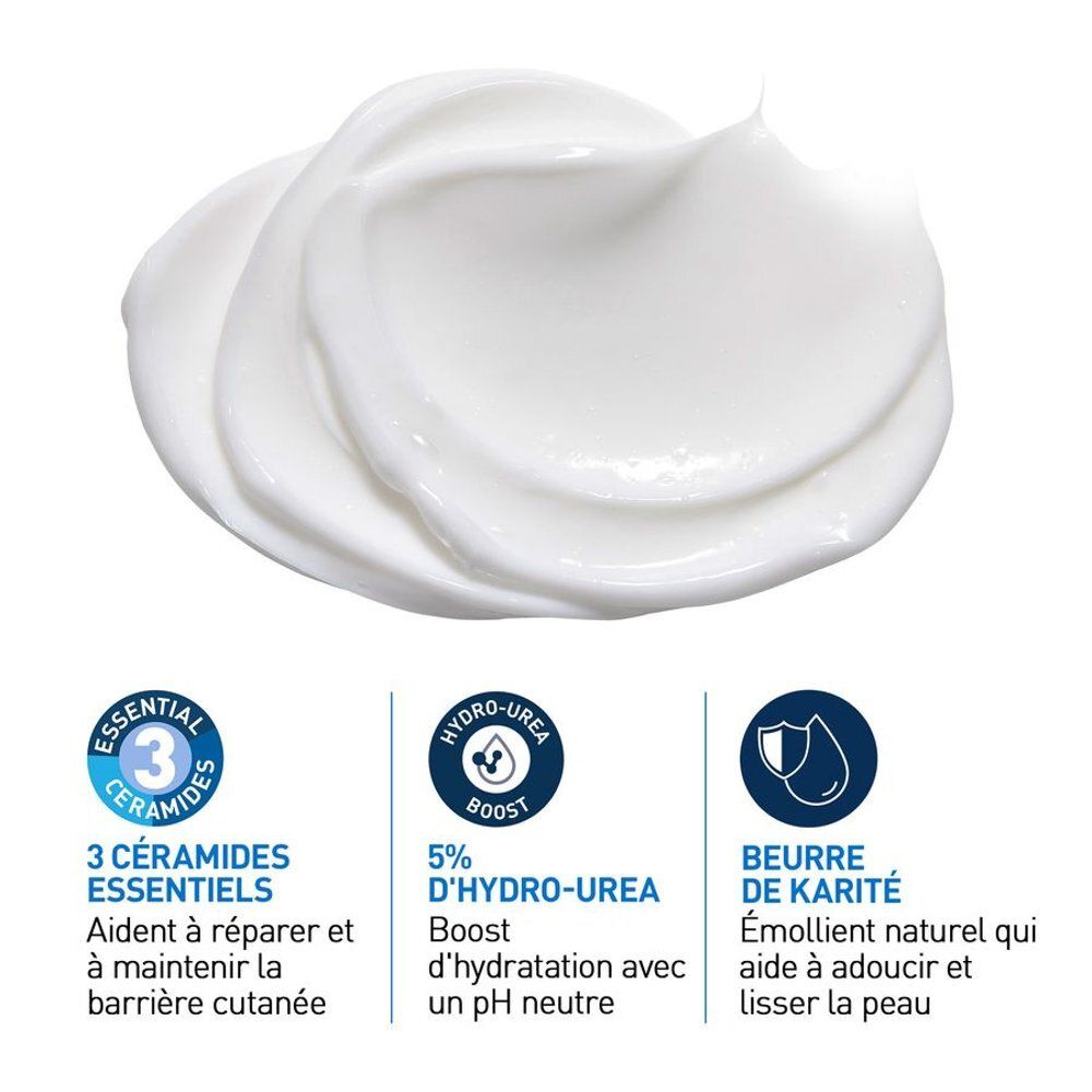 Gros plan de crème blanche. 3 symboles : 3 céramides essentiels, 5% Hydro-Urée, beurre de karité.